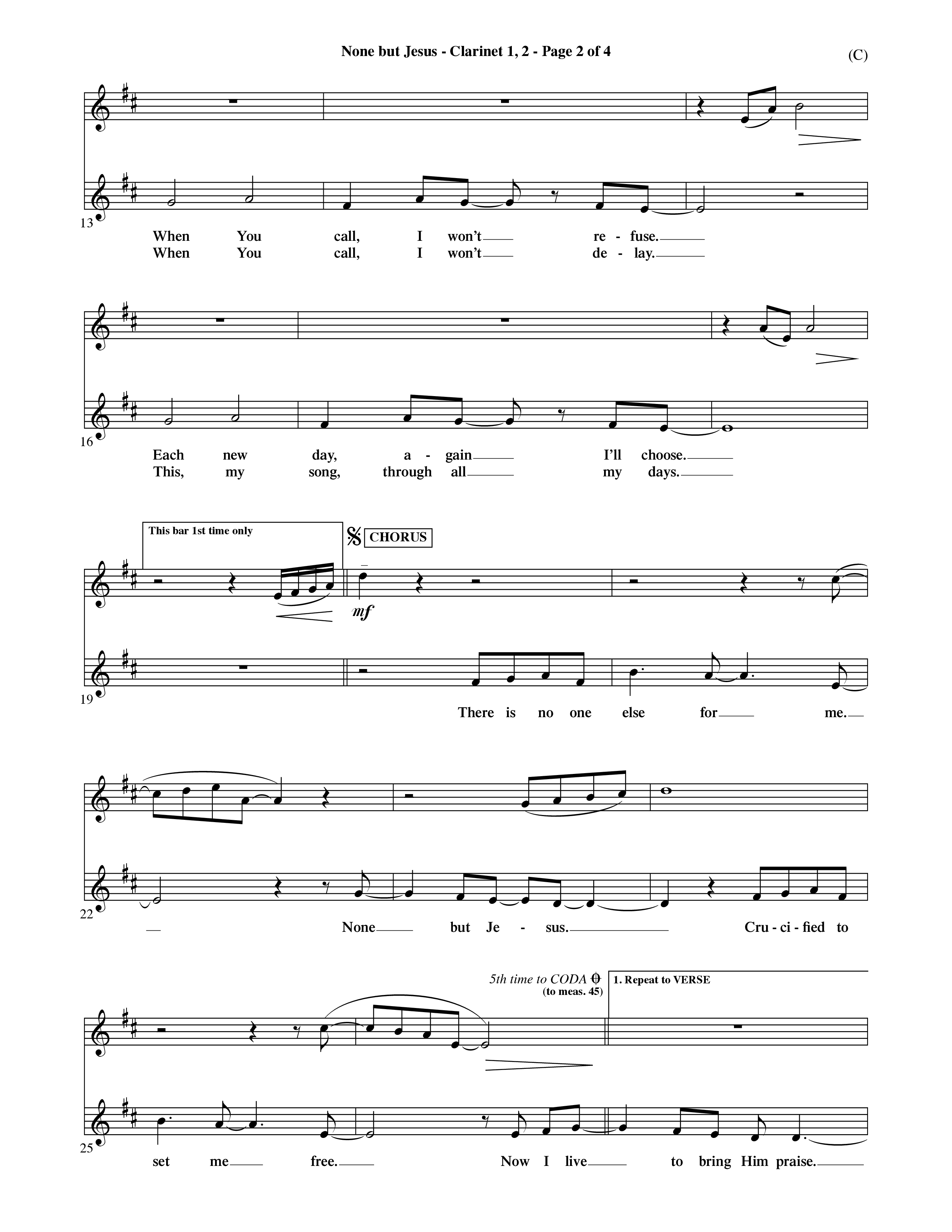 None But Jesus (Choral Anthem SATB) Clarinet 1/2 (Word Music Choral / Orch. Ric Domenico)