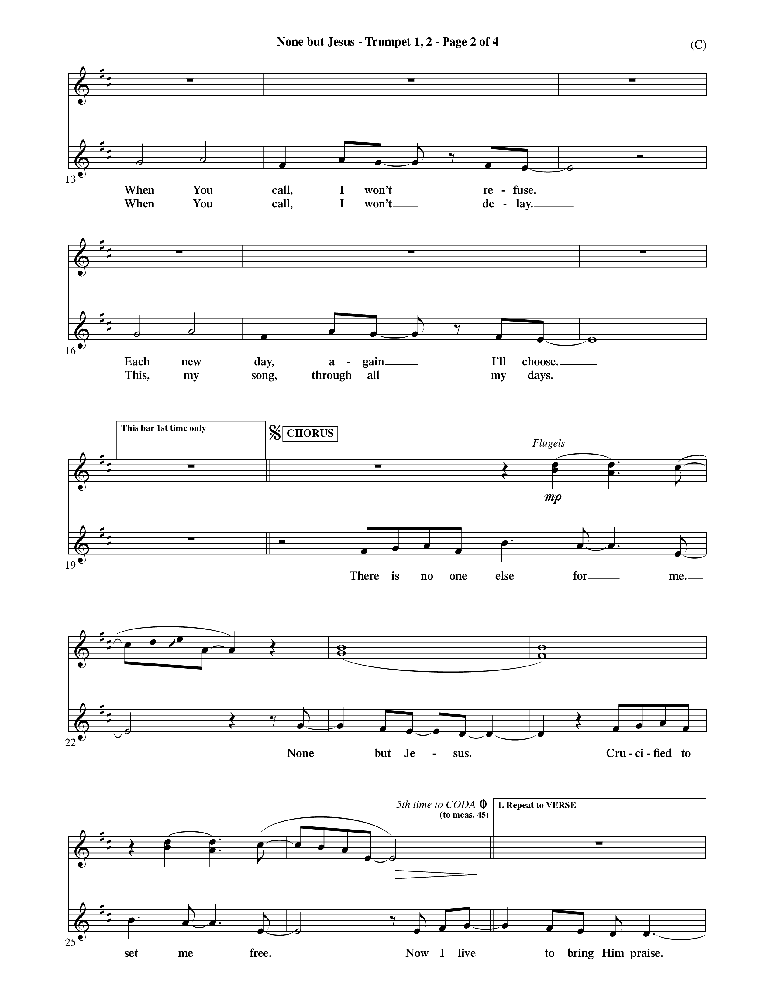 None But Jesus (Choral Anthem SATB) Trumpet 1,2 (Word Music Choral / Orch. Ric Domenico)