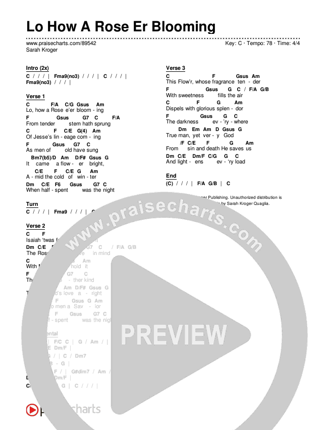 Lo How A Rose Er Blooming Chords & Lyrics (Sarah Kroger)