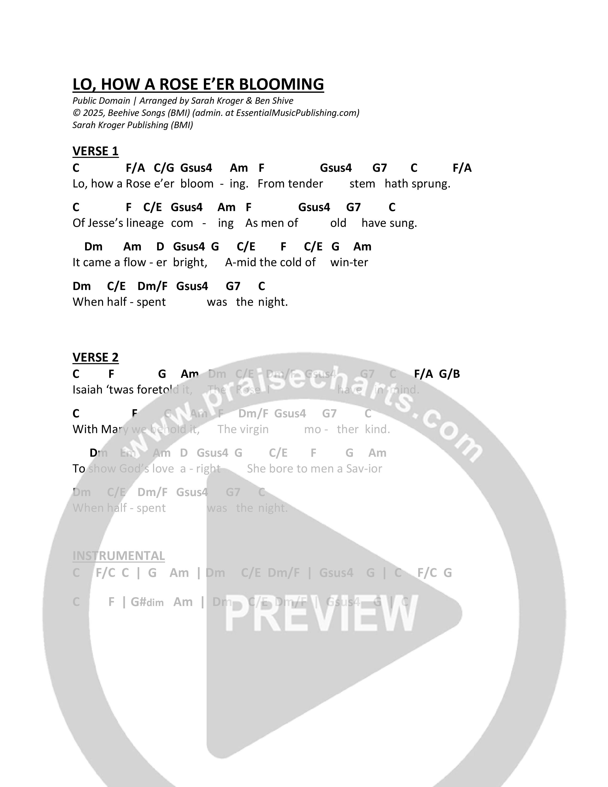 Lo How A Rose Er Blooming Chord Chart (Sarah Kroger)