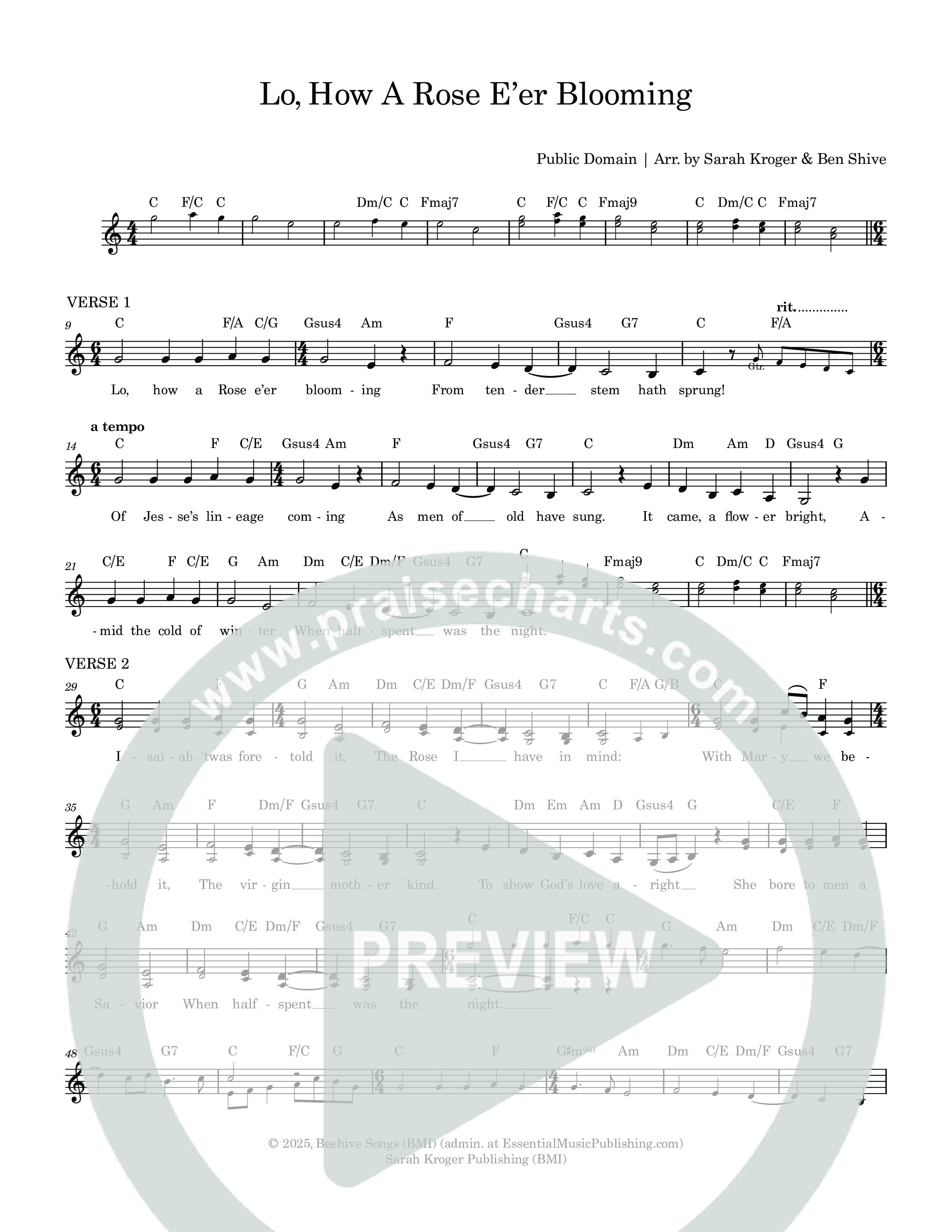 Lo How A Rose Er Blooming Lead Sheet (SAT) (Sarah Kroger)