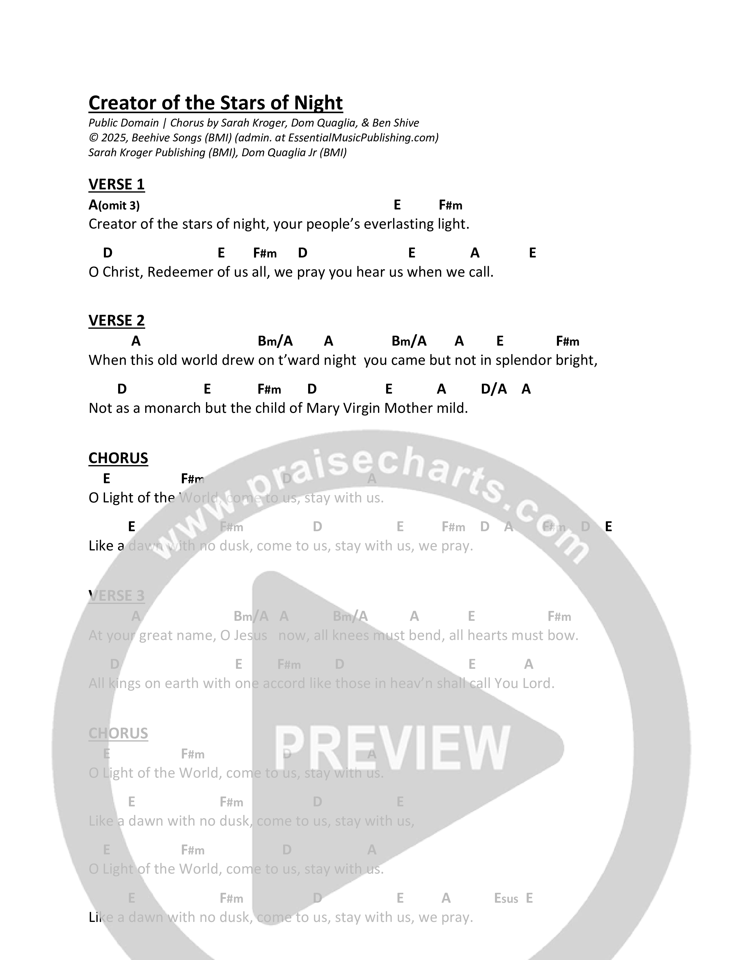 Creator Of The Stars Of Night Chord Chart (Sarah Kroger)