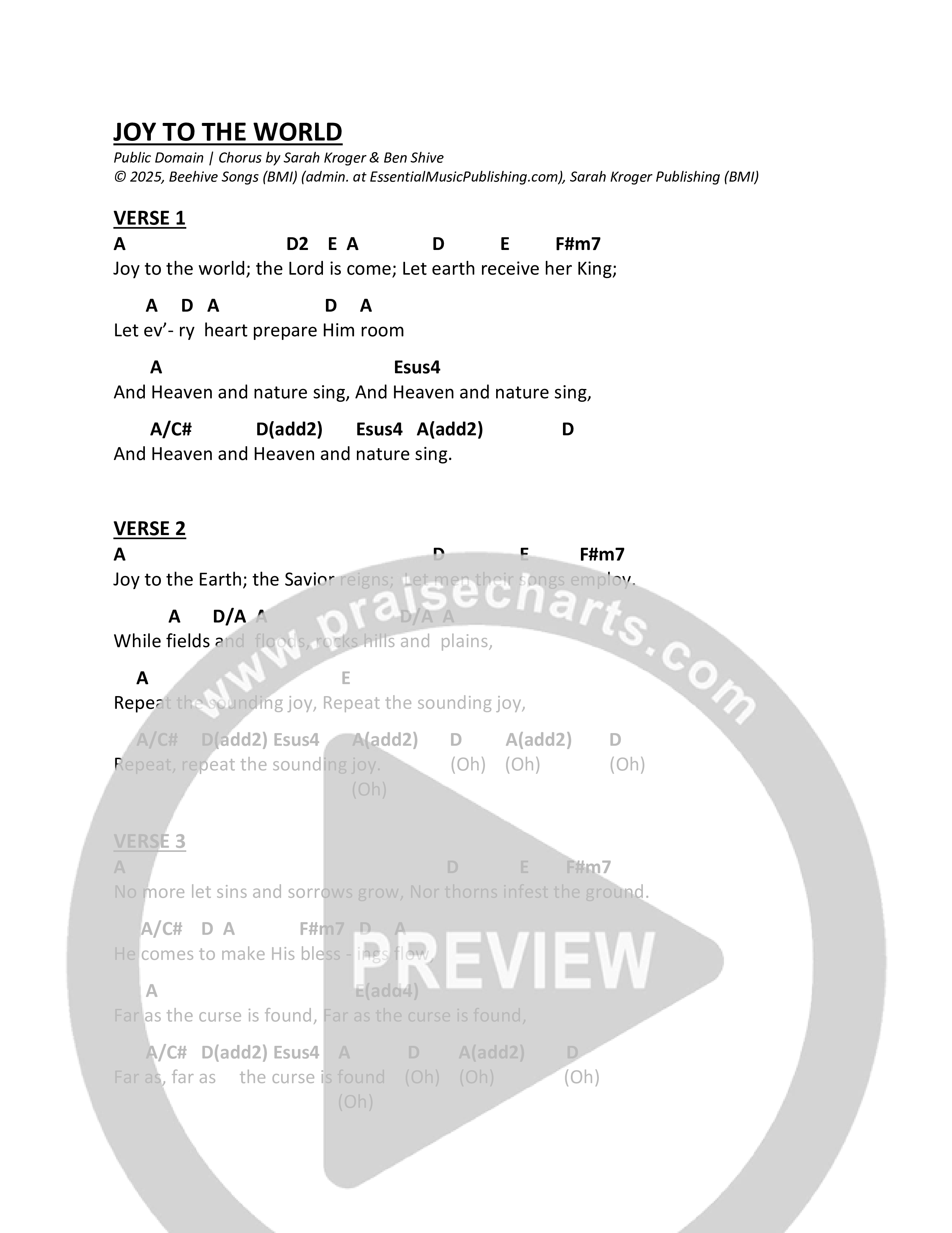 Joy To The World Chord Chart (Sarah Kroger)