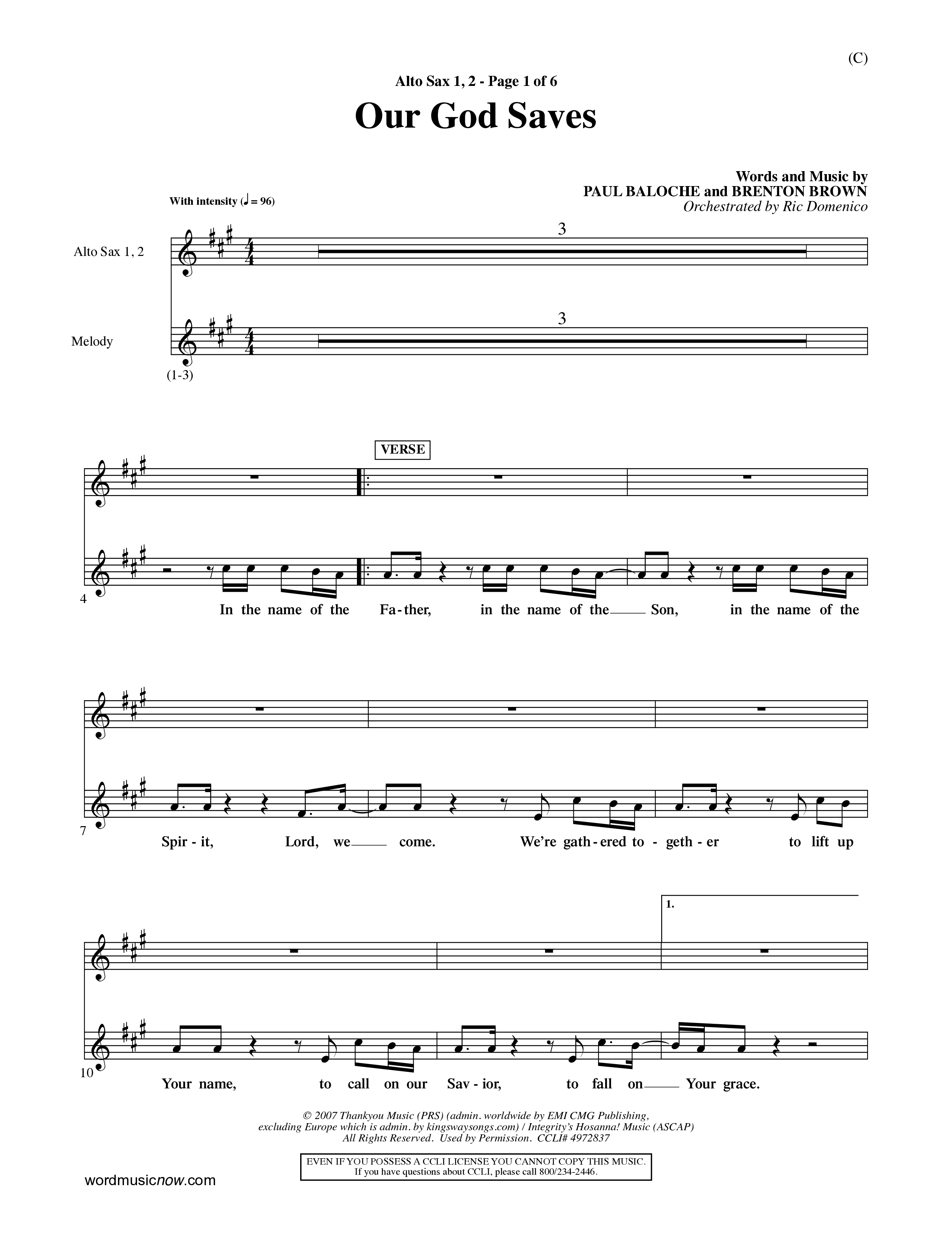 Our God Saves (Choral Anthem SATB) Alto Sax 1/2 (Word Music Choral / Orch. Ric Domenico)