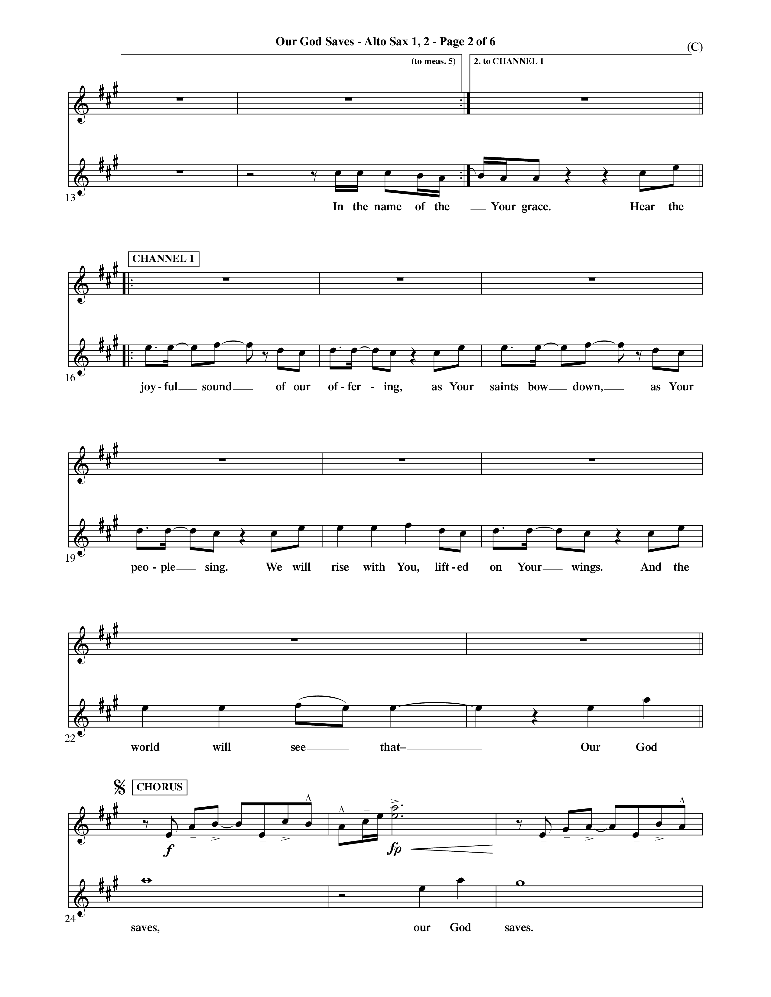 Our God Saves (Choral Anthem SATB) Alto Sax 1/2 (Word Music Choral / Orch. Ric Domenico)