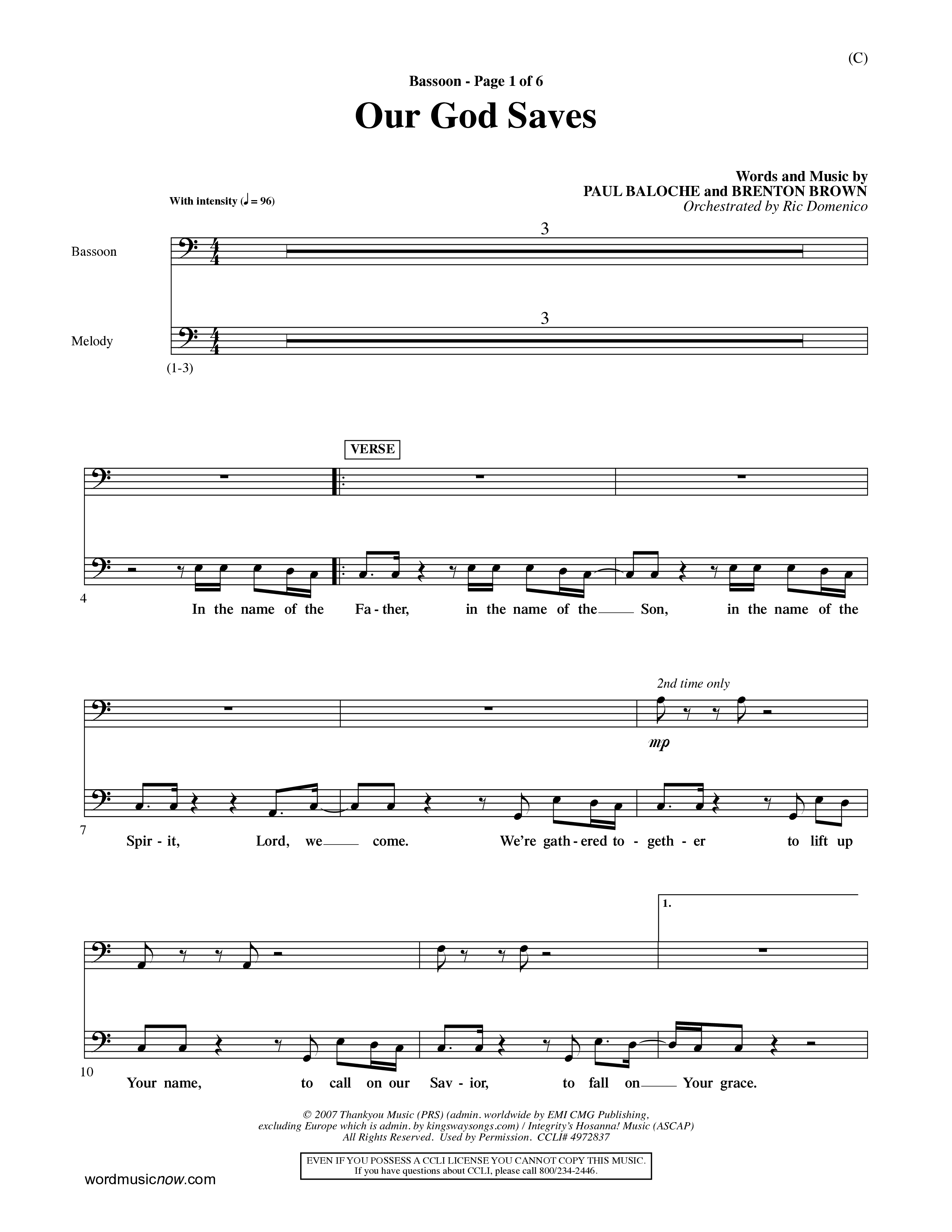Our God Saves (Choral Anthem SATB) Bassoon (Word Music Choral / Orch. Ric Domenico)