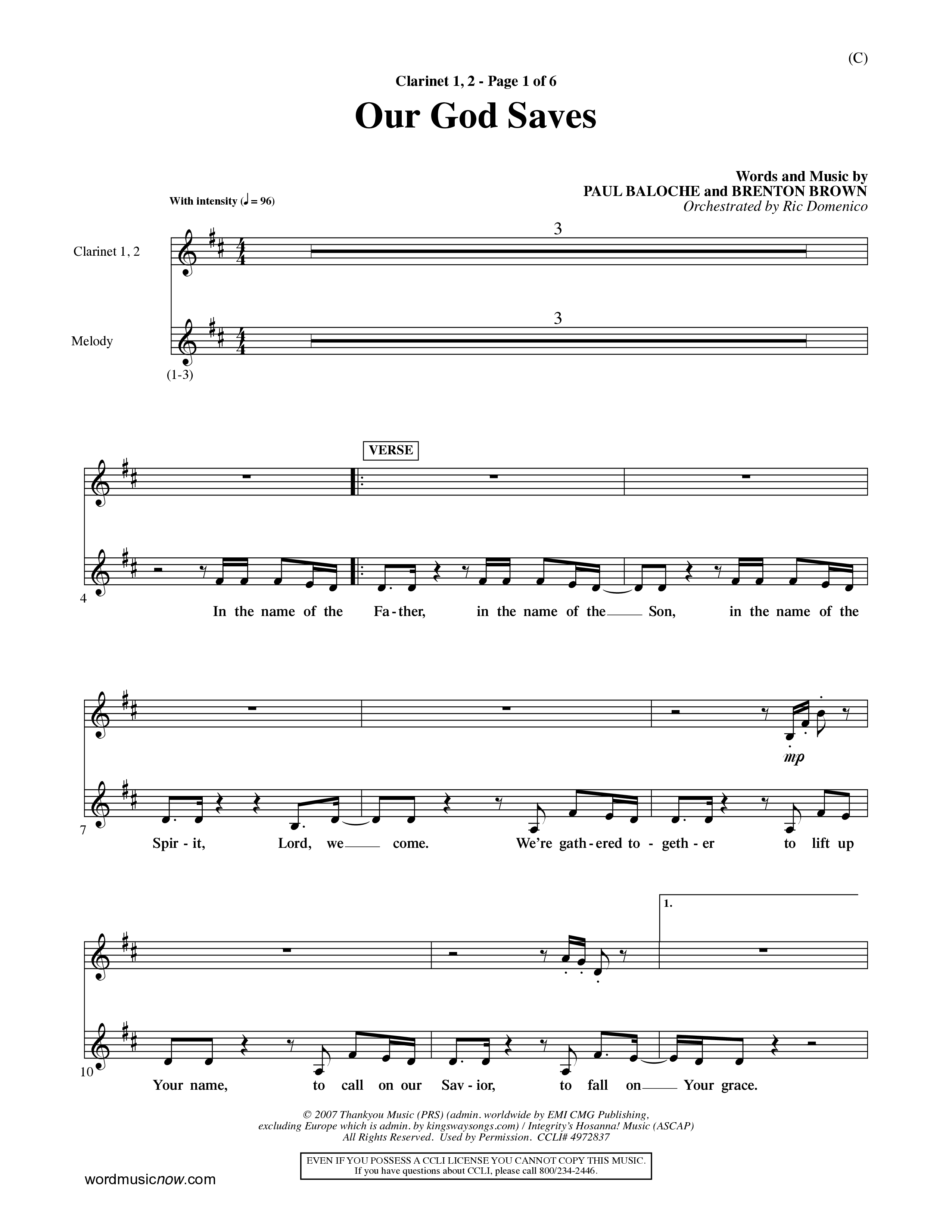 Our God Saves (Choral Anthem SATB) Clarinet 1/2 (Word Music Choral / Orch. Ric Domenico)