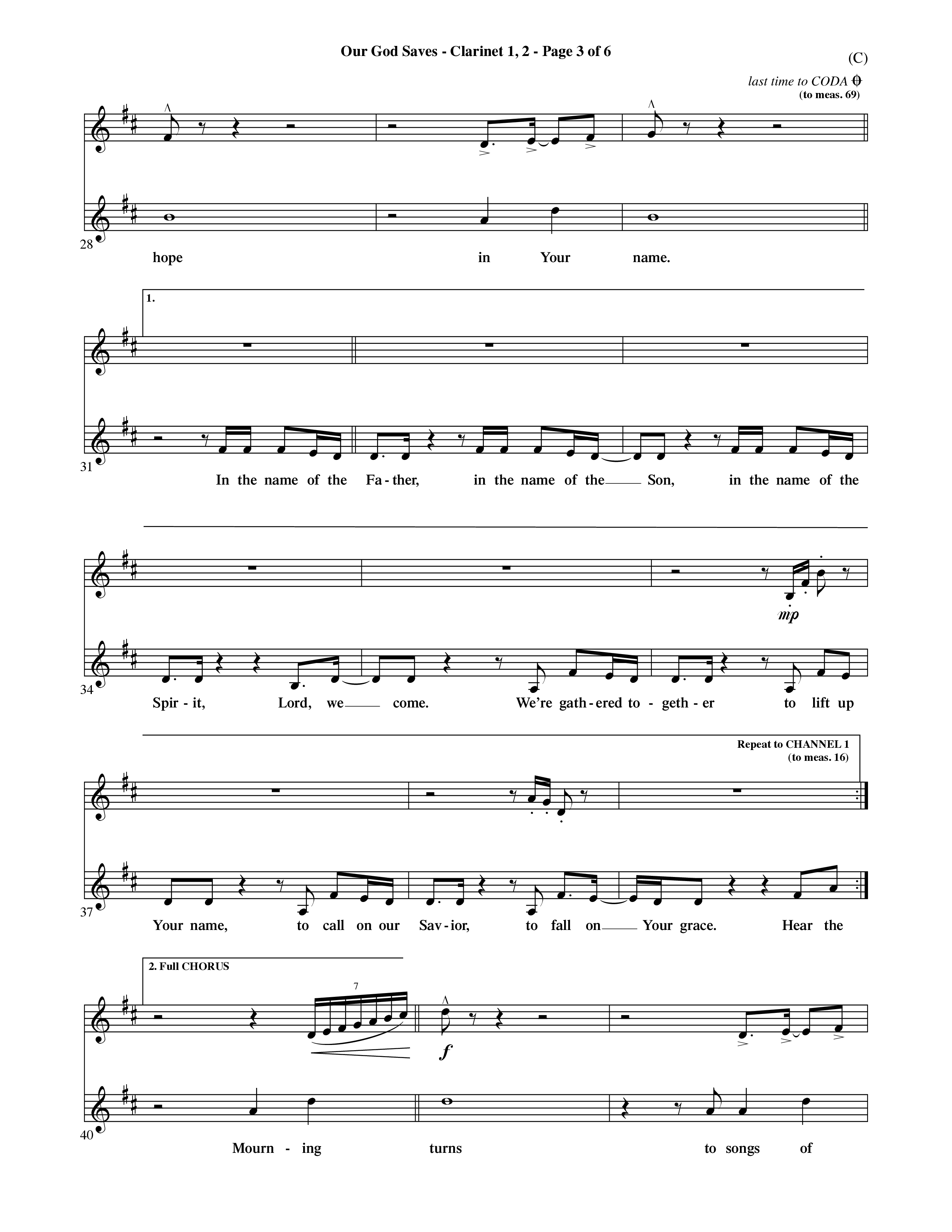 Our God Saves (Choral Anthem SATB) Clarinet 1/2 (Word Music Choral / Orch. Ric Domenico)