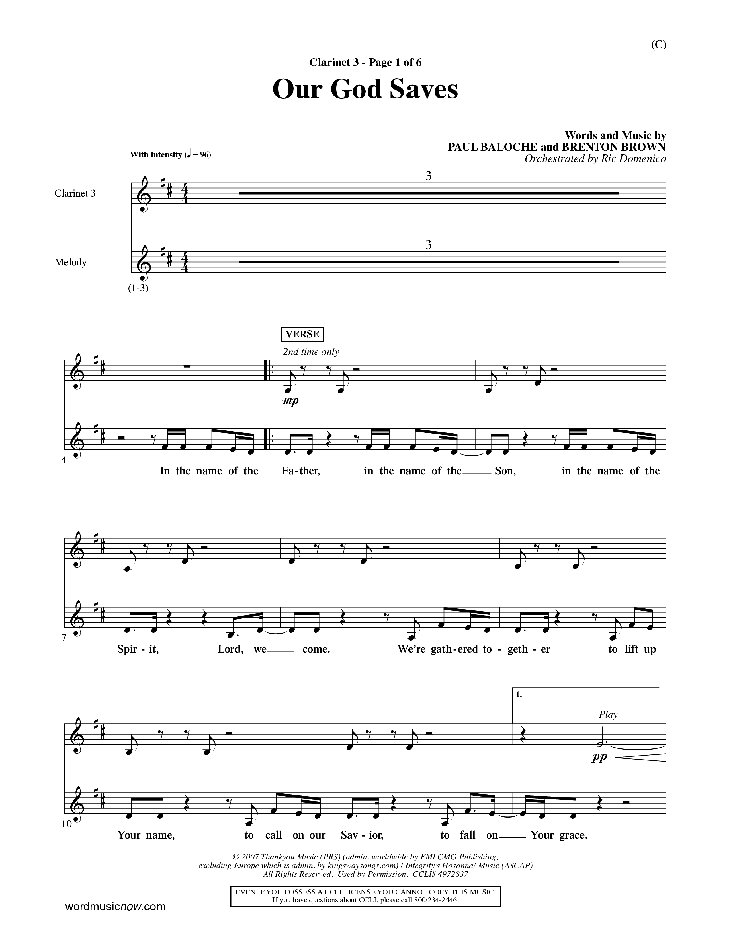 Our God Saves (Choral Anthem SATB) Clarinet 3 (Word Music Choral / Orch. Ric Domenico)