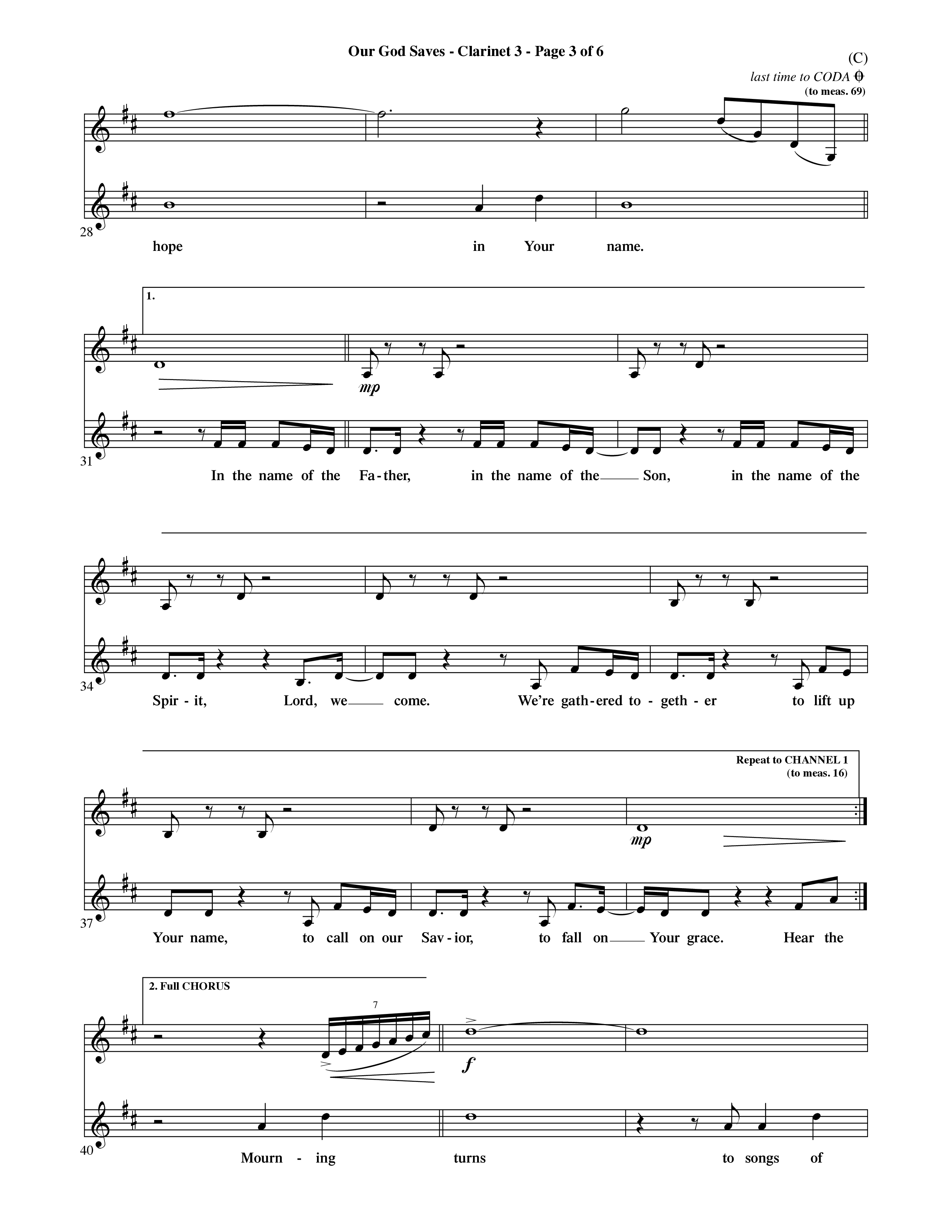 Our God Saves (Choral Anthem SATB) Clarinet 3 (Word Music Choral / Orch. Ric Domenico)