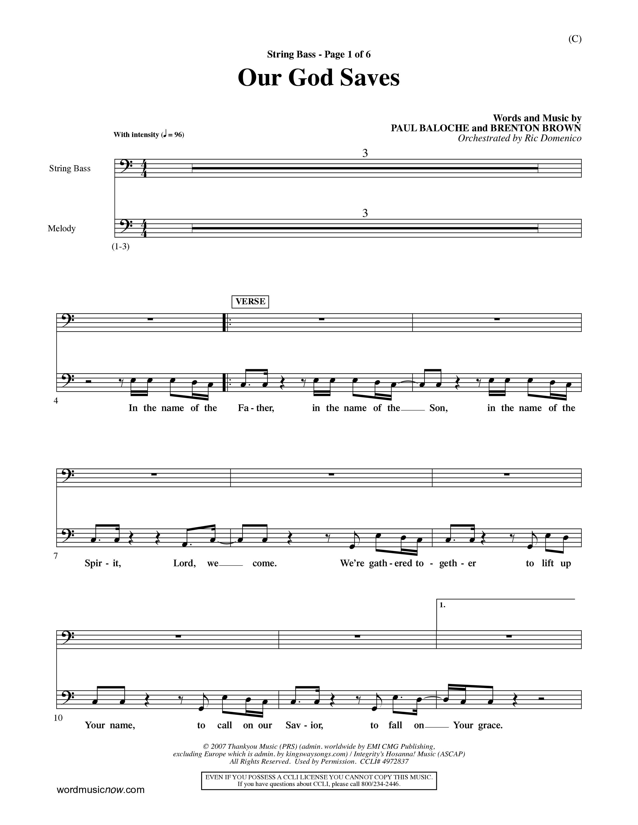Our God Saves (Choral Anthem SATB) String Bass (Word Music Choral / Orch. Ric Domenico)
