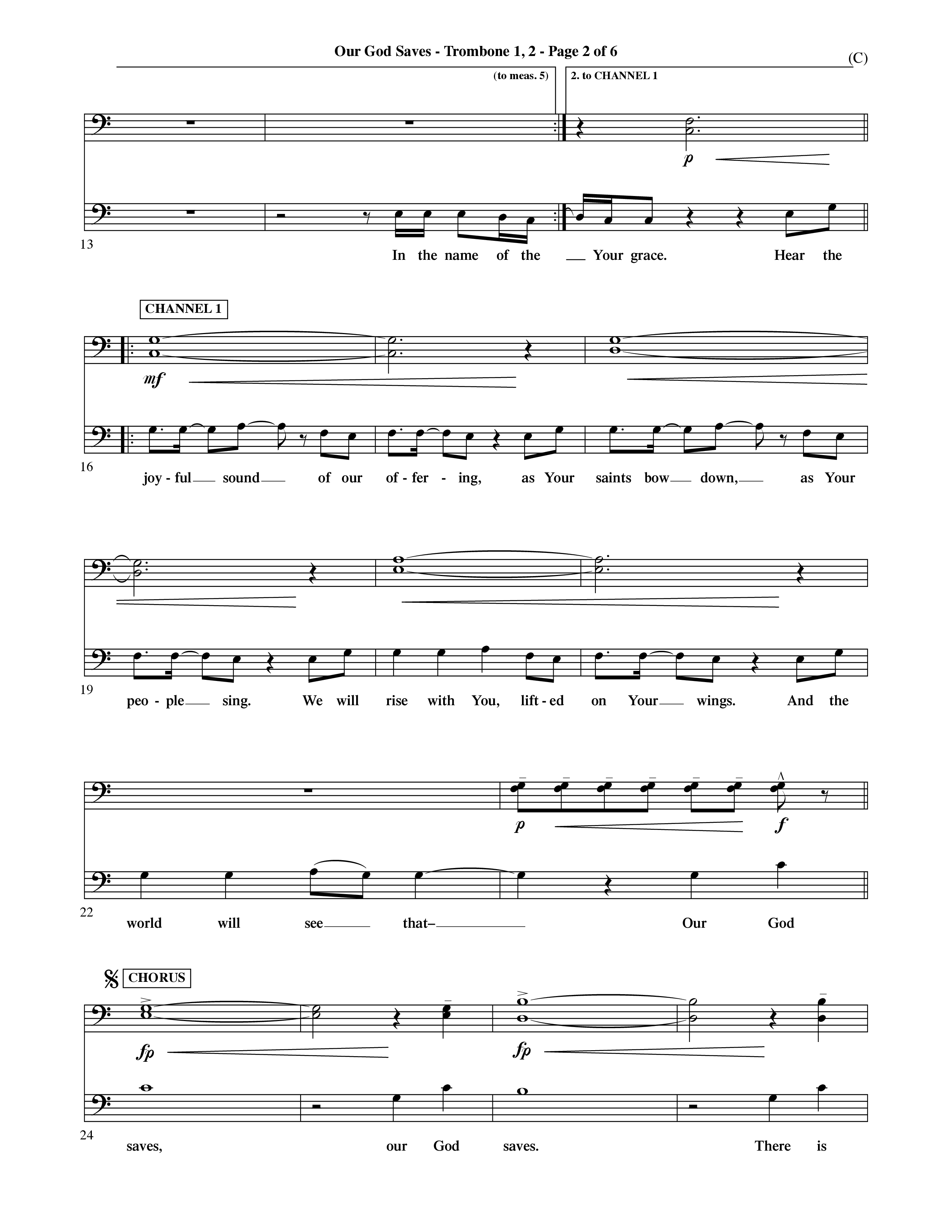 Our God Saves (Choral Anthem SATB) Trombone 1/2 (Word Music Choral / Orch. Ric Domenico)