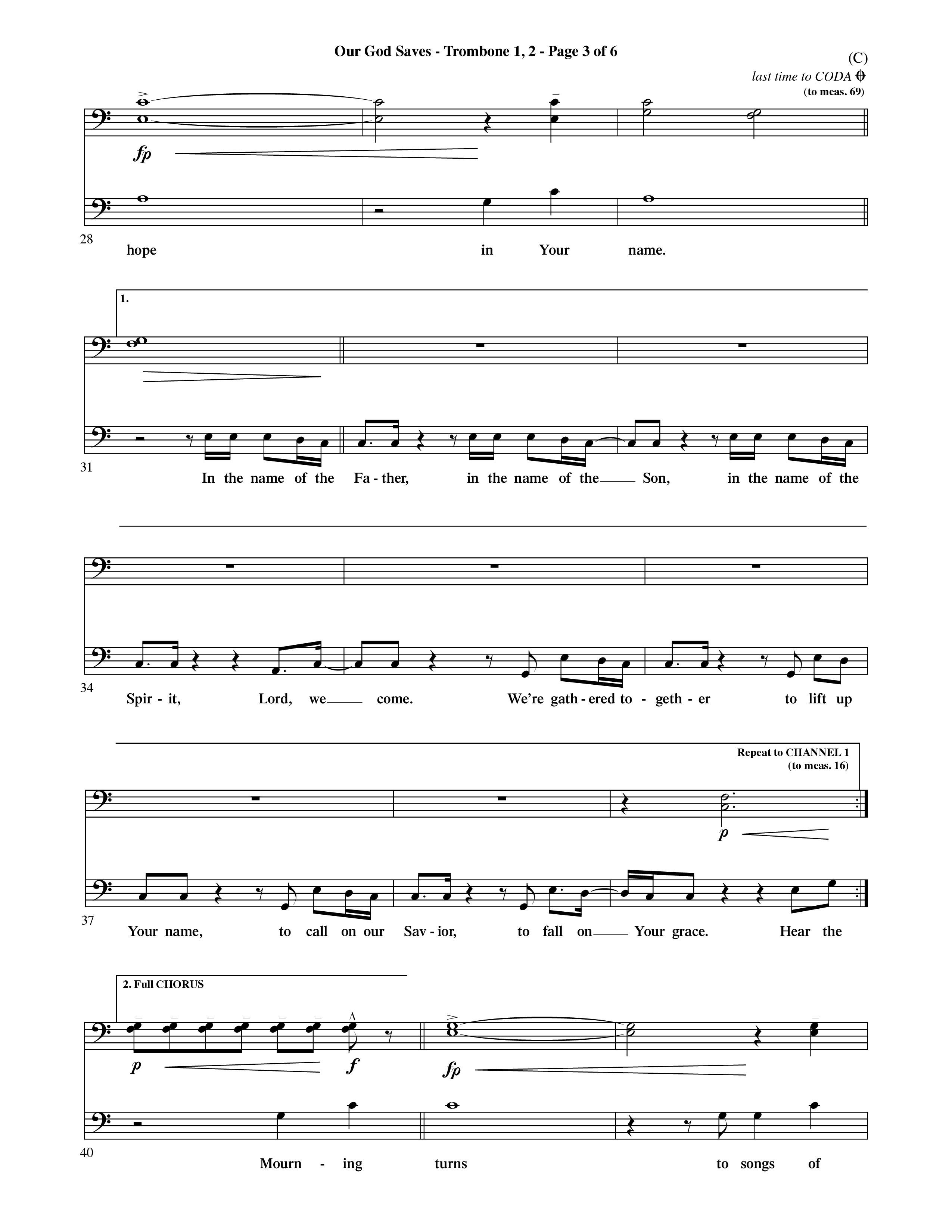 Our God Saves (Choral Anthem SATB) Trombone 1/2 (Word Music Choral / Orch. Ric Domenico)