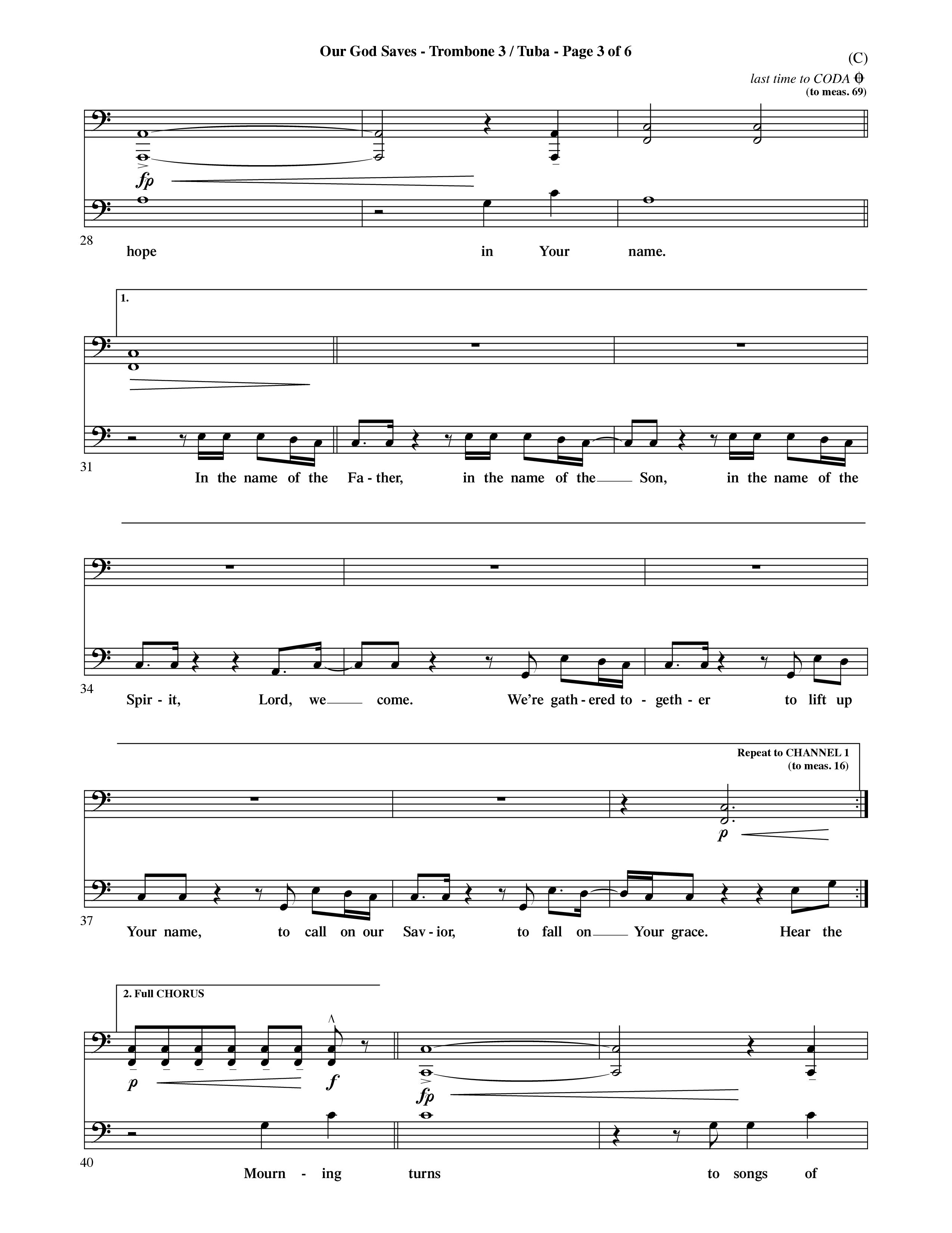Our God Saves (Choral Anthem SATB) Trombone 3/Tuba (Word Music Choral / Orch. Ric Domenico)