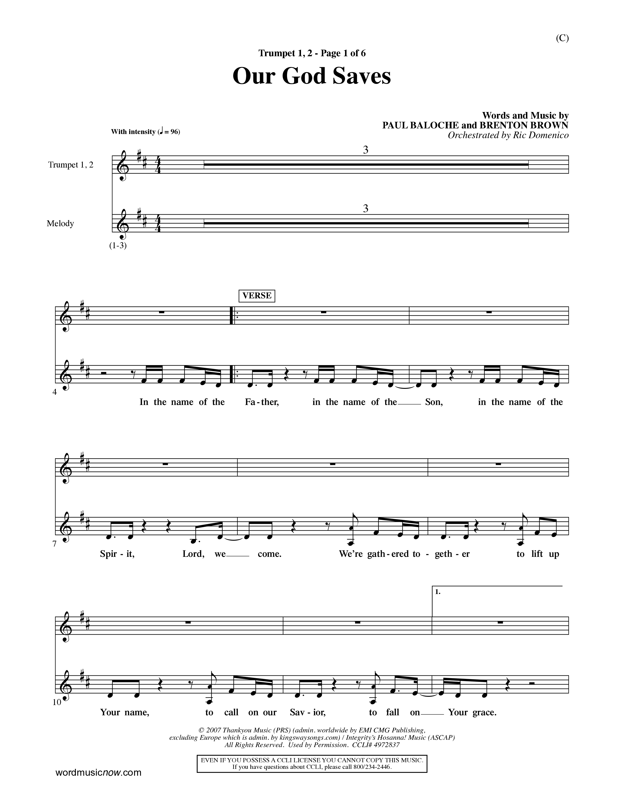 Our God Saves (Choral Anthem SATB) Trumpet 1,2 (Word Music Choral / Orch. Ric Domenico)