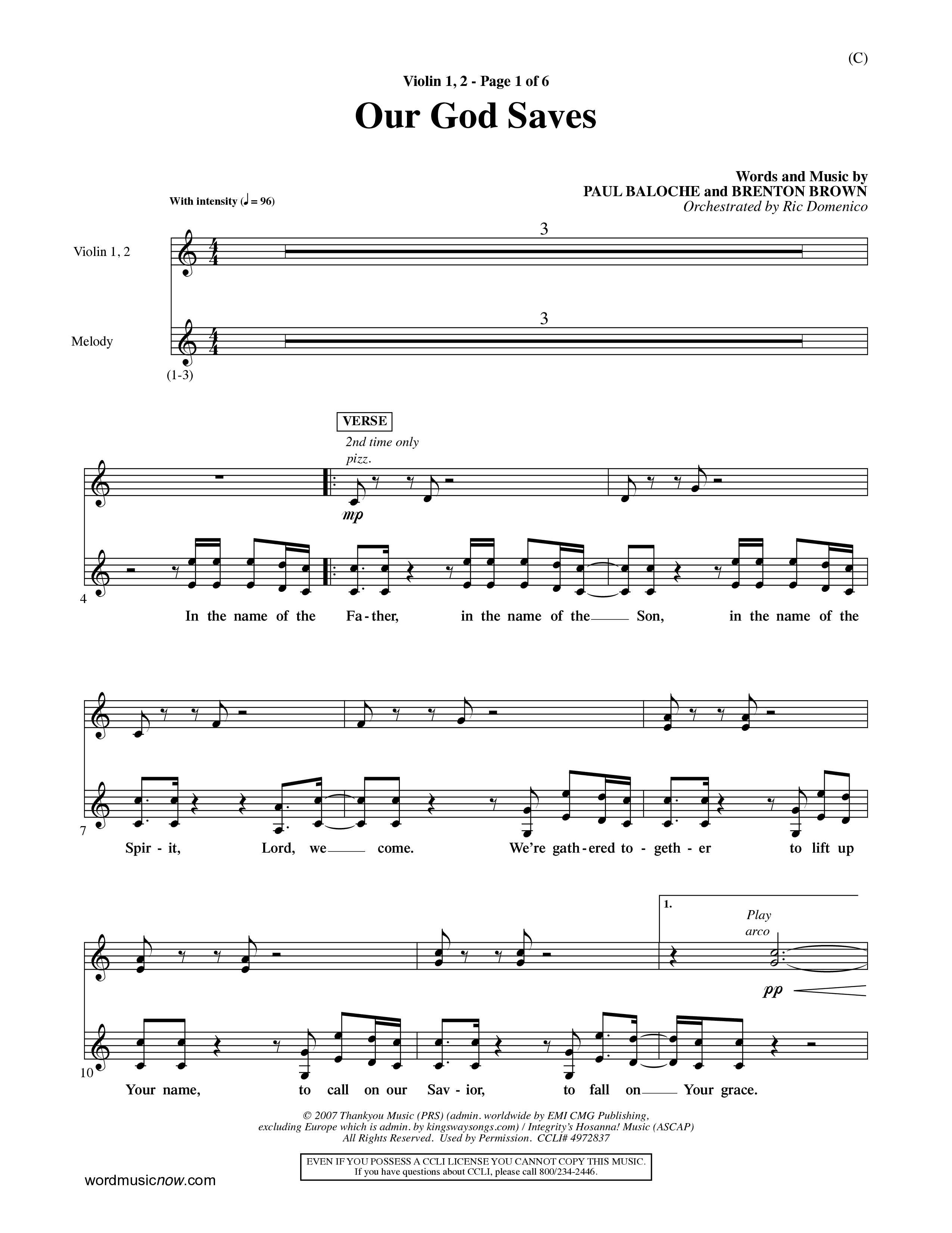 Our God Saves (Choral Anthem SATB) Violin 1/2 (Word Music Choral / Orch. Ric Domenico)
