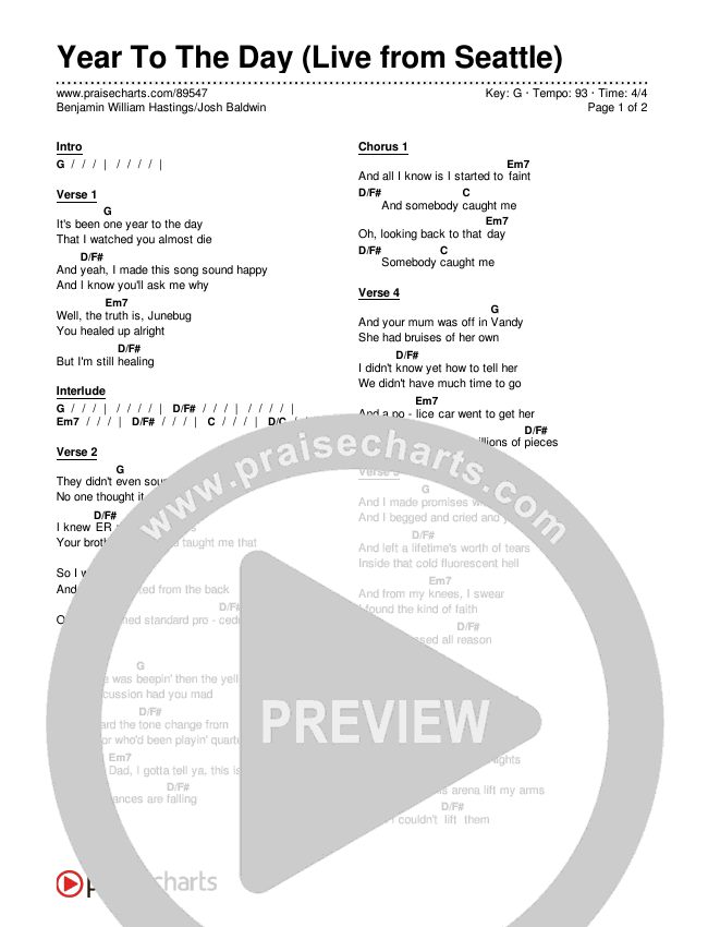 Year To The Day (Live from Seattle) Chords & Lyrics (Benjamin William Hastings / Josh Baldwin)