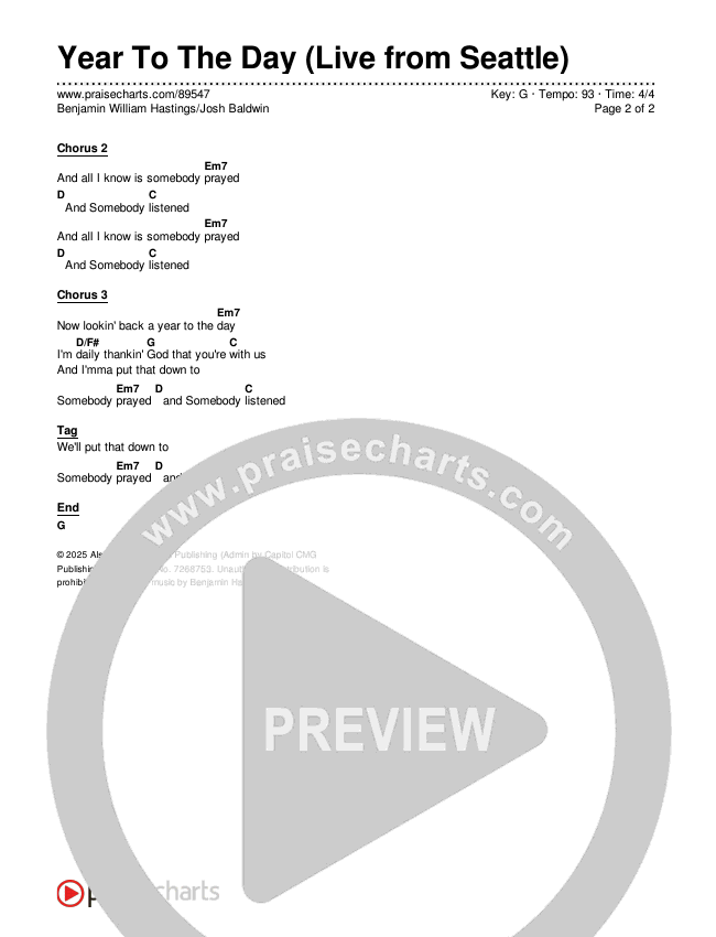 Year To The Day (Live from Seattle) Chords & Lyrics (Benjamin William Hastings / Josh Baldwin)