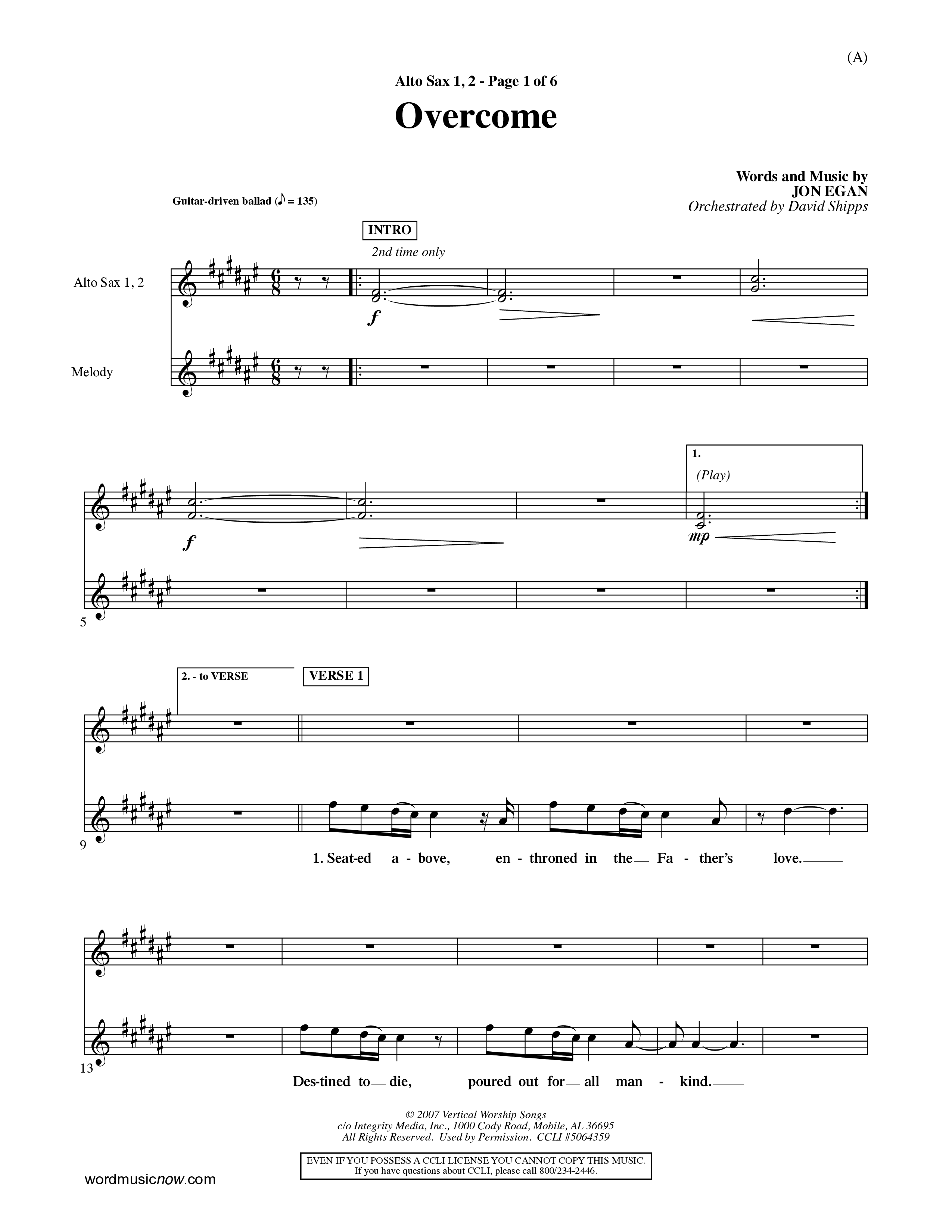 Overcome (Choral Anthem SATB) Alto Sax 1/2 (Word Music Choral / Orch. David Shipps)