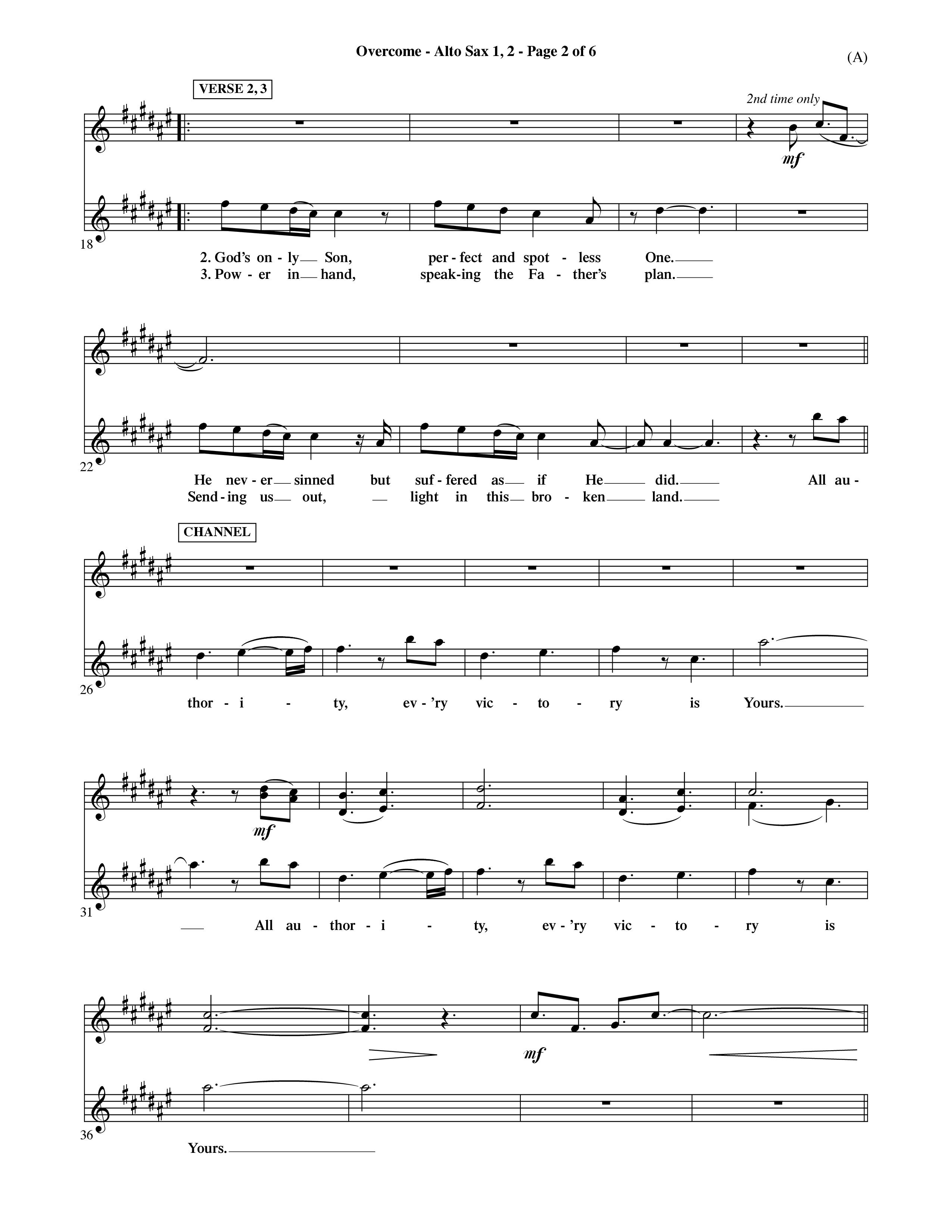 Overcome (Choral Anthem SATB) Alto Sax 1/2 (Word Music Choral / Orch. David Shipps)