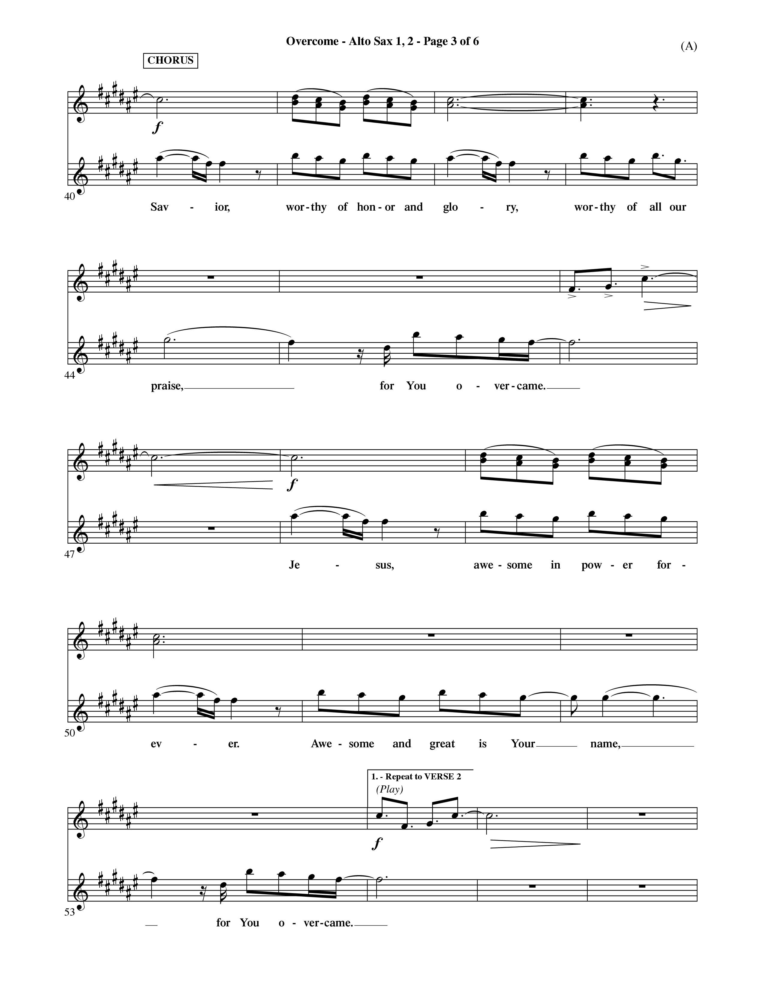 Overcome (Choral Anthem SATB) Alto Sax 1/2 (Word Music Choral / Orch. David Shipps)