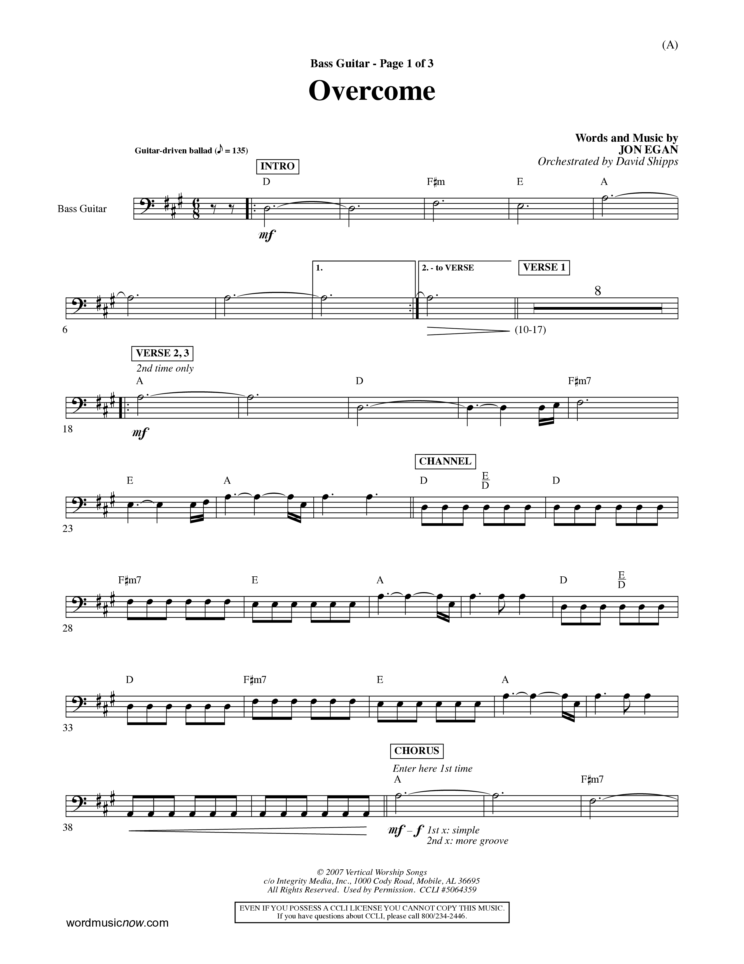 Overcome (Choral Anthem SATB) Bass Guitar (Word Music Choral / Orch. David Shipps)