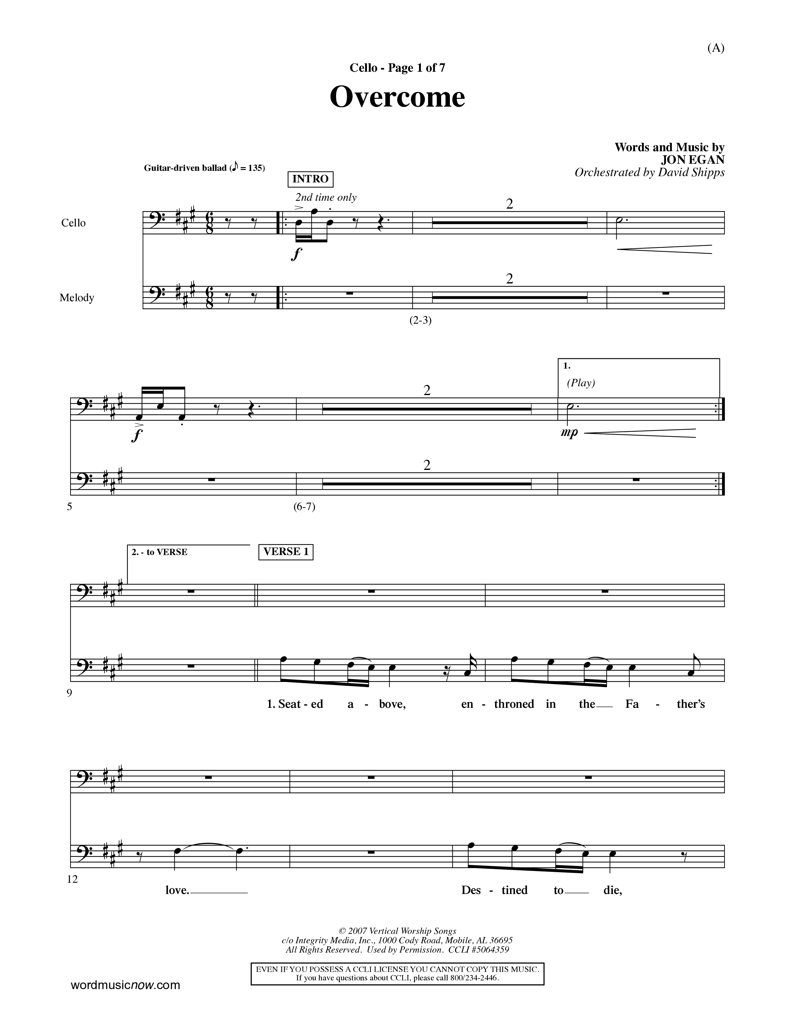Overcome (Choral Anthem SATB) Cello (Word Music Choral / Orch. David Shipps)