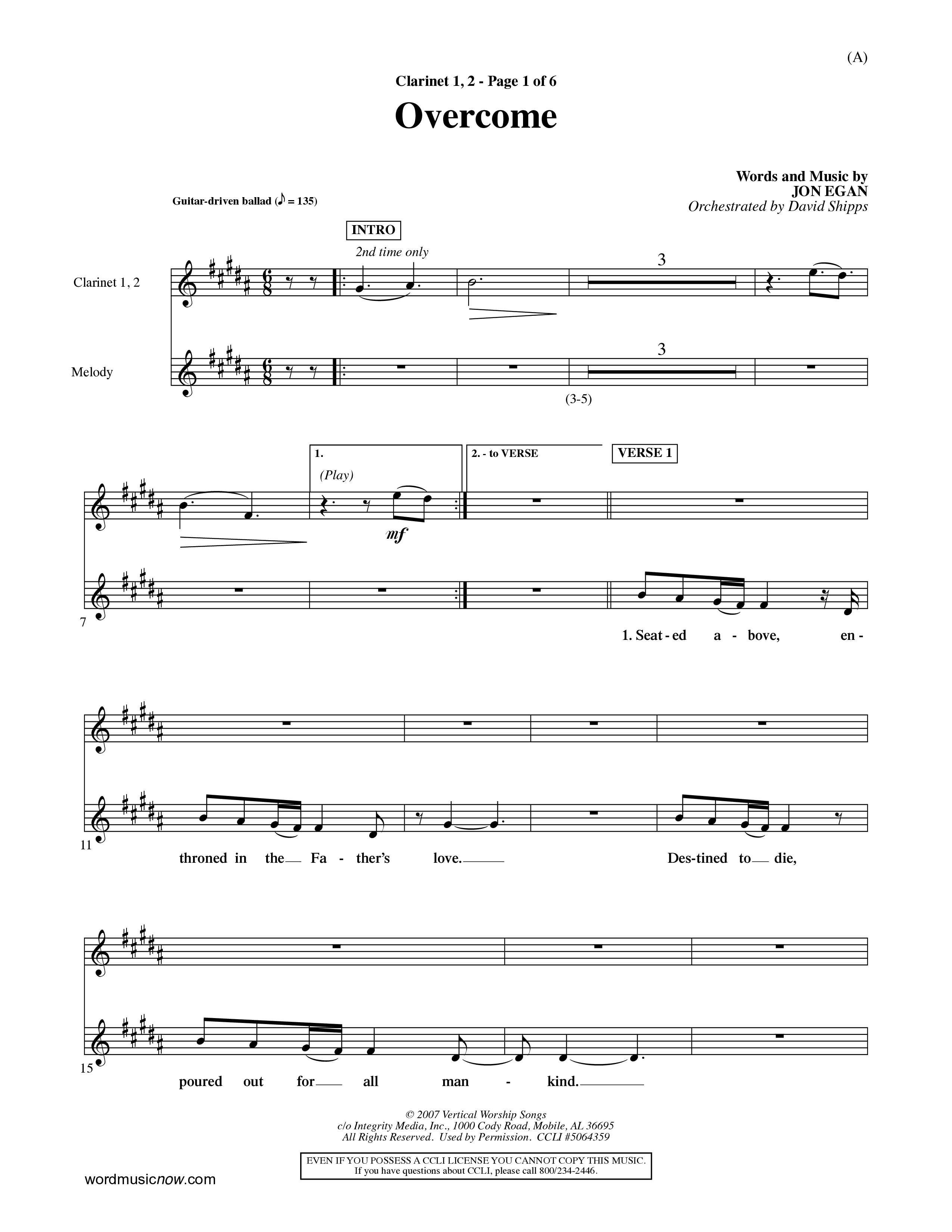 Overcome (Choral Anthem SATB) Clarinet 1/2 (Word Music Choral / Orch. David Shipps)