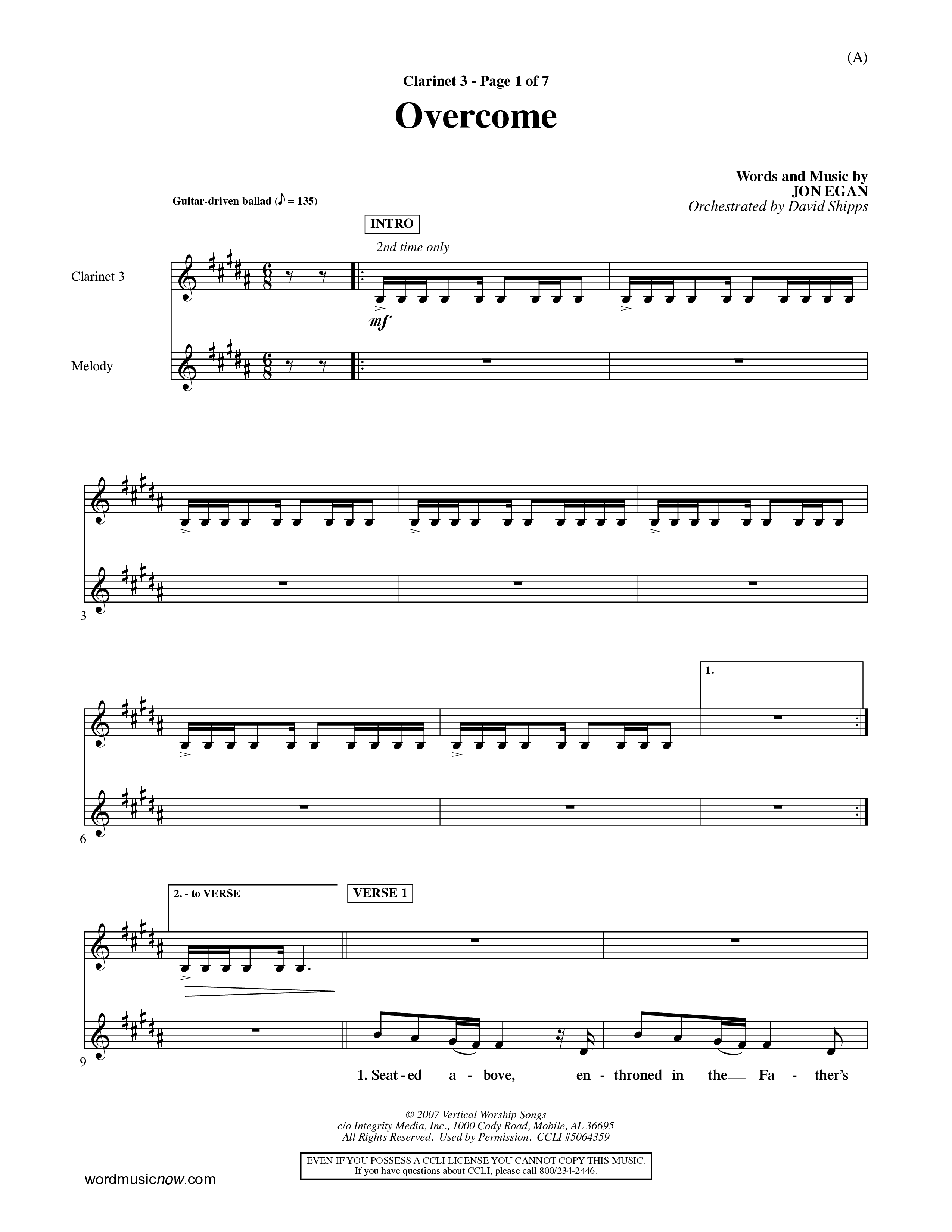 Overcome (Choral Anthem SATB) Clarinet 3 (Word Music Choral / Orch. David Shipps)