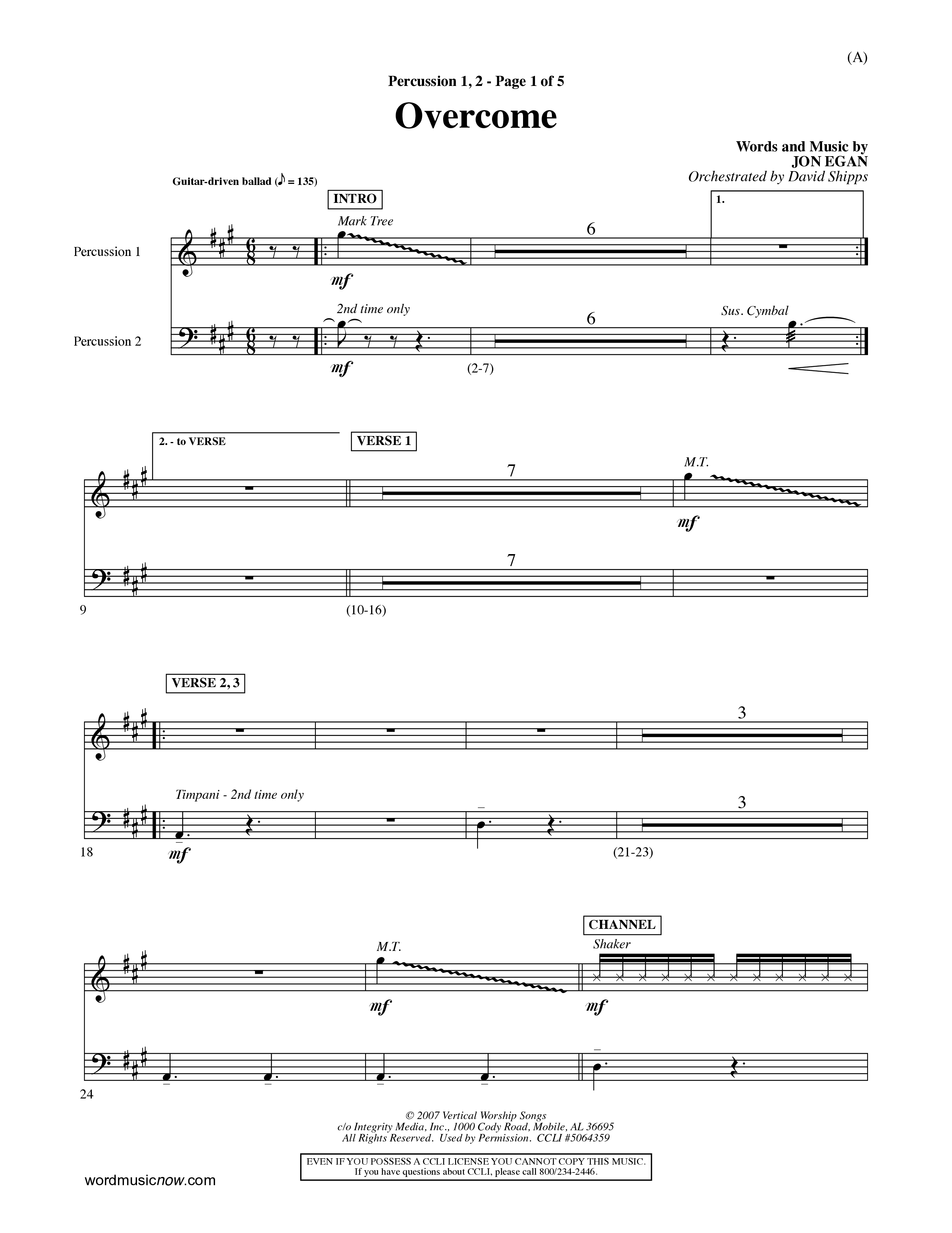 Overcome (Choral Anthem SATB) Percussion 1/2 (Word Music Choral / Orch. David Shipps)