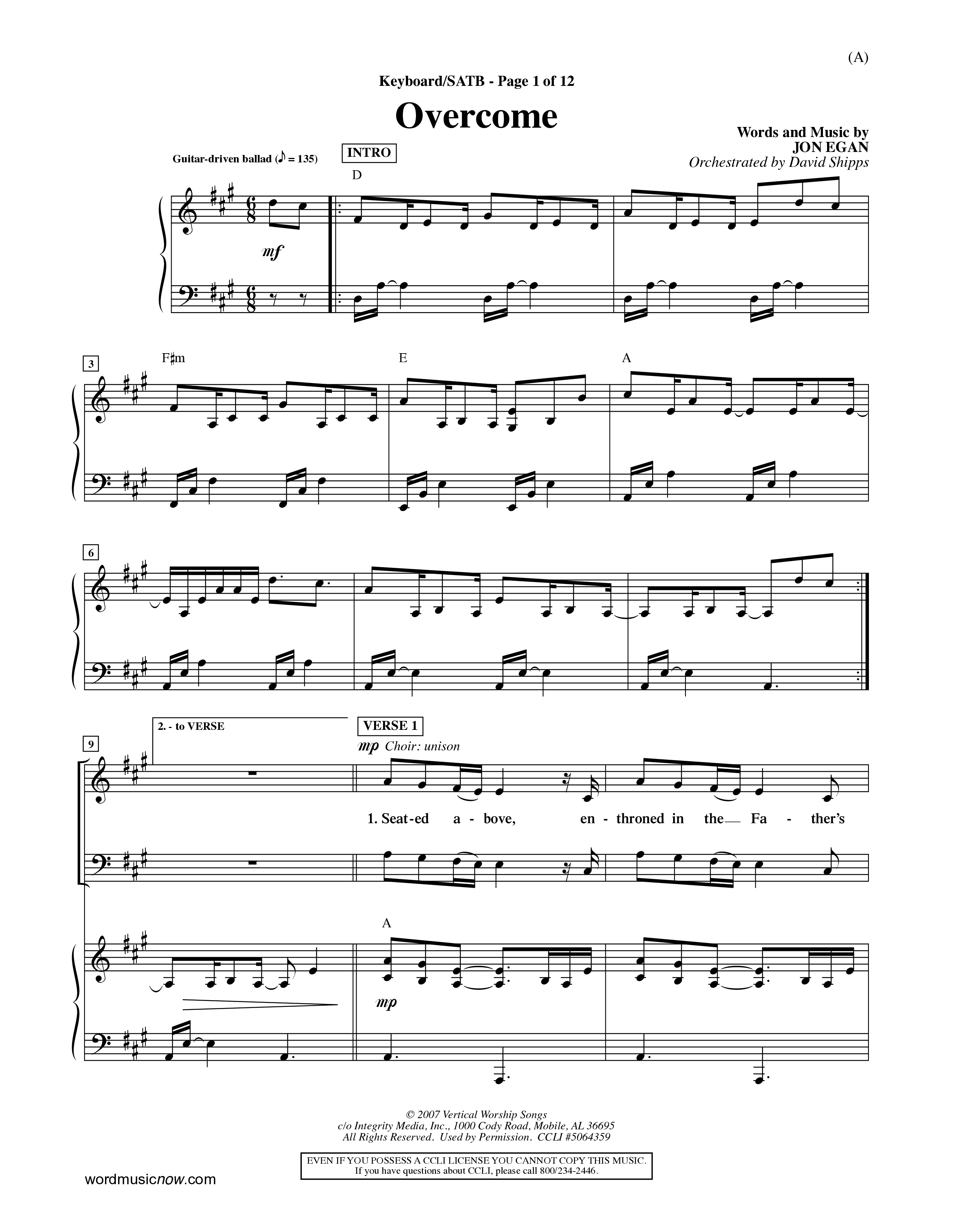 Overcome (Choral Anthem SATB) Keyboard/Vocal (SATB) (Word Music Choral / Orch. David Shipps)