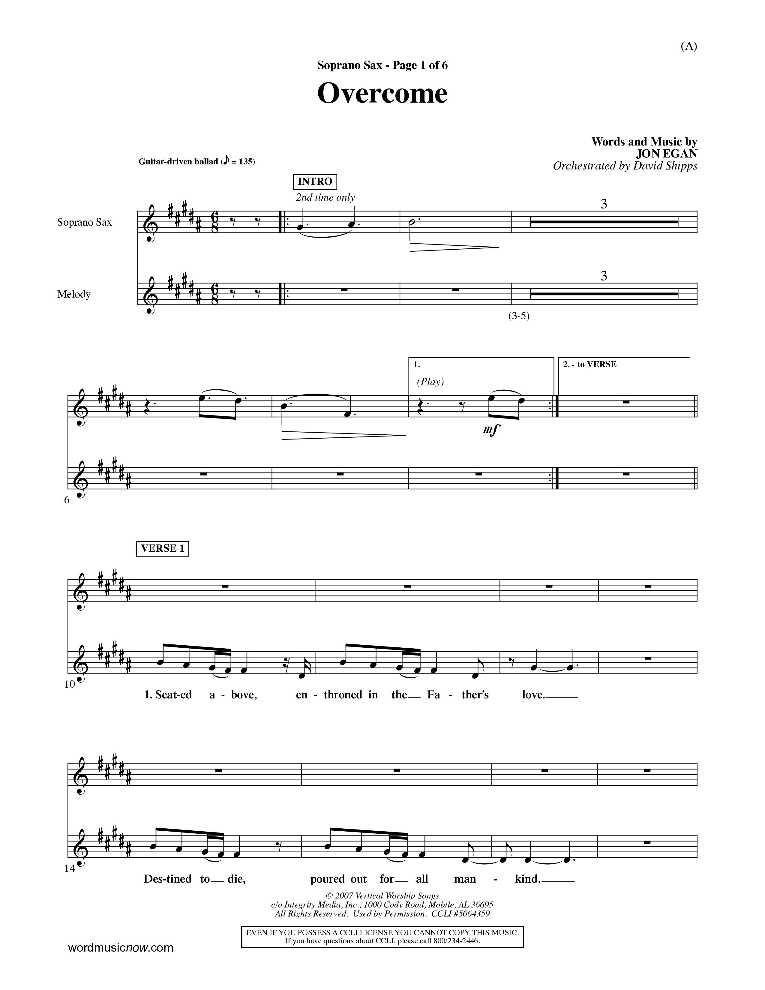 Overcome (Choral Anthem SATB) Saxophone (Word Music Choral / Orch. David Shipps)