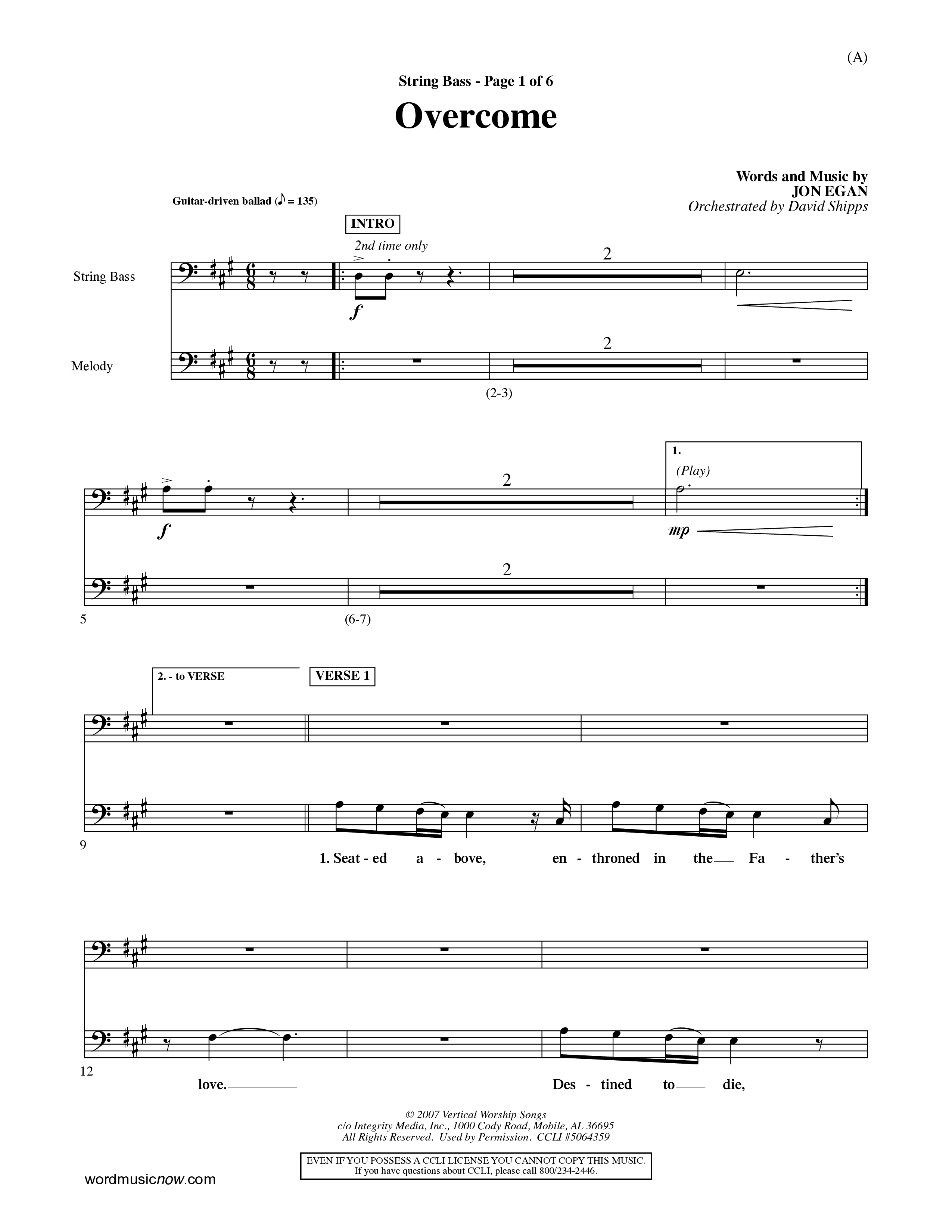 Overcome (Choral Anthem SATB) String Bass (Word Music Choral / Orch. David Shipps)