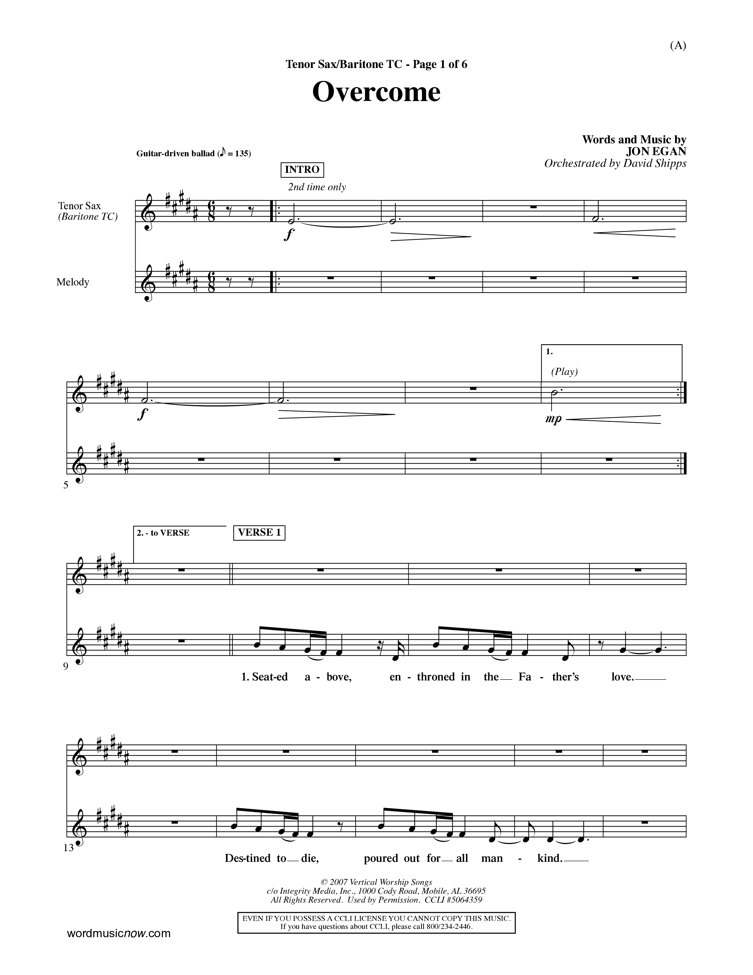 Overcome (Choral Anthem SATB) Tenor Sax/Baritone T.C. (Word Music Choral / Orch. David Shipps)