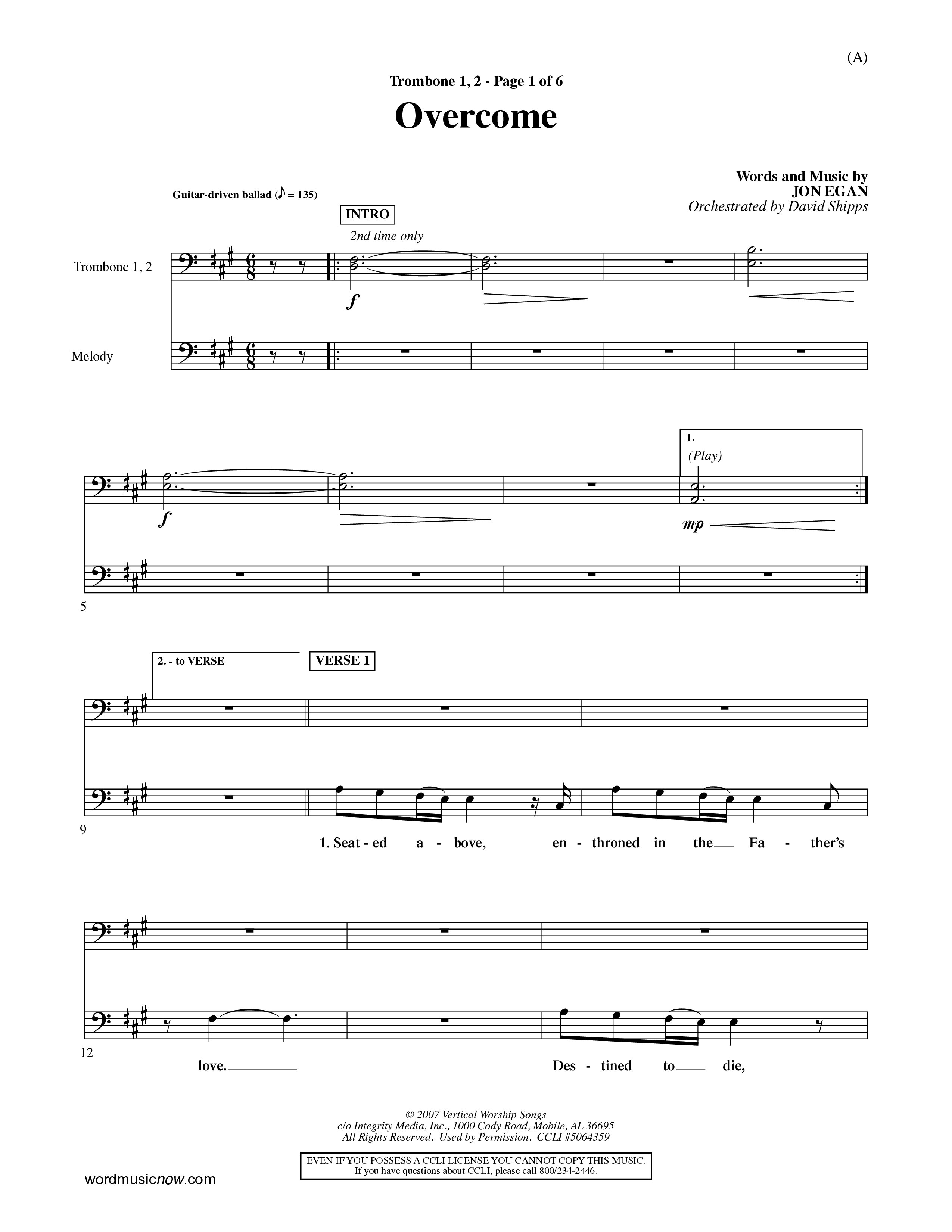 Overcome (Choral Anthem SATB) Trombone 1/2 (Word Music Choral / Orch. David Shipps)