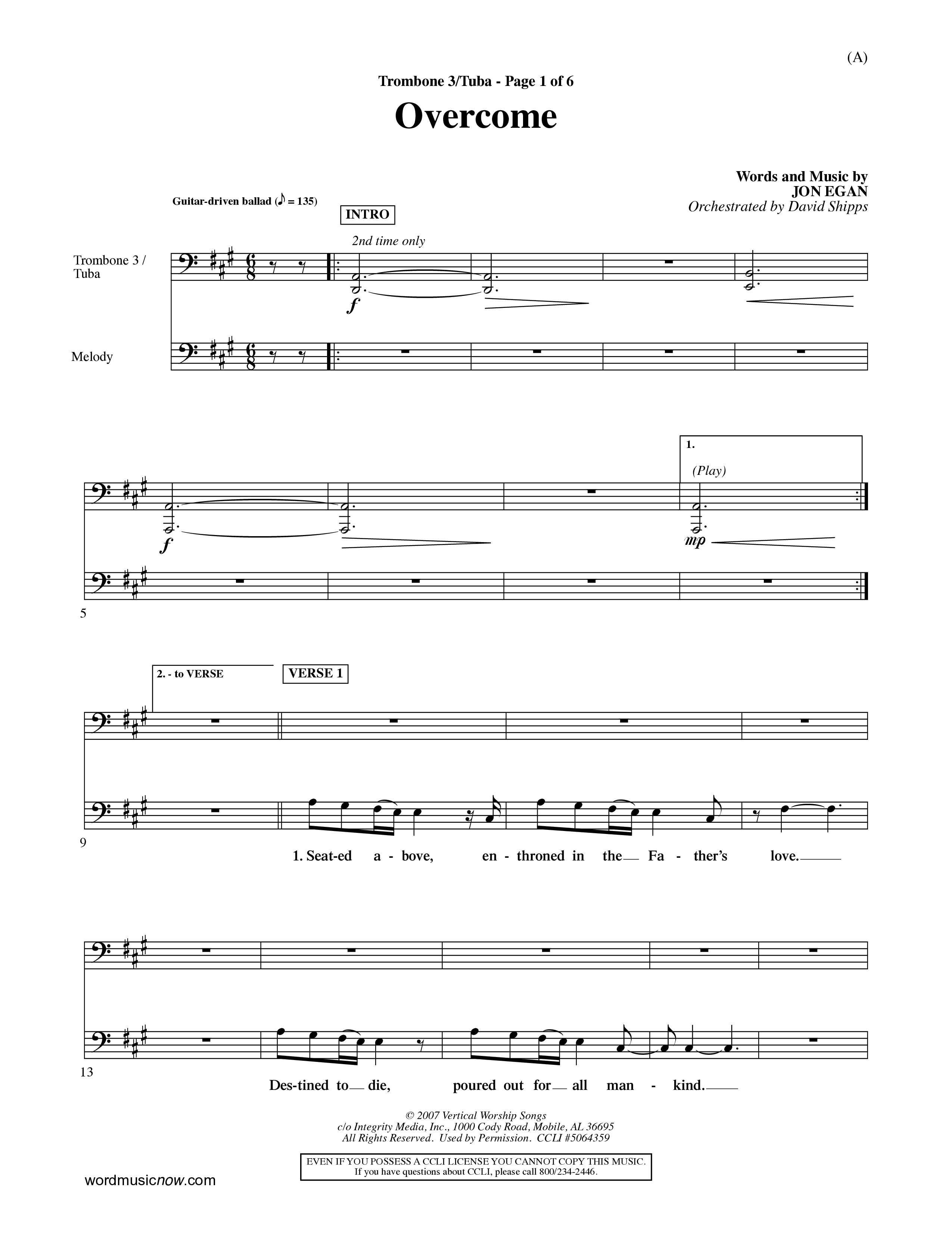 Overcome (Choral Anthem SATB) Trombone 3/Tuba (Word Music Choral / Orch. David Shipps)