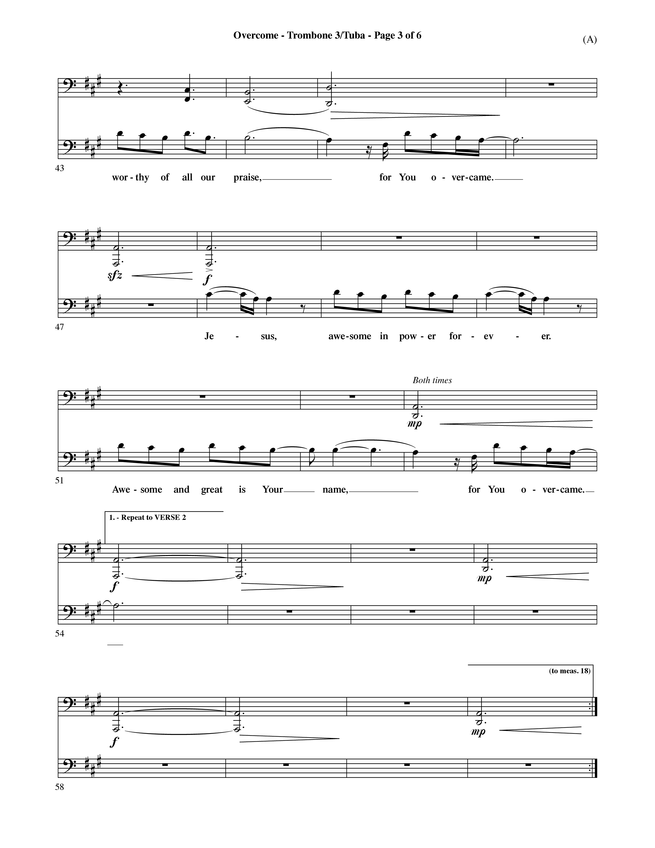 Overcome (Choral Anthem SATB) Trombone 3/Tuba (Word Music Choral / Orch. David Shipps)