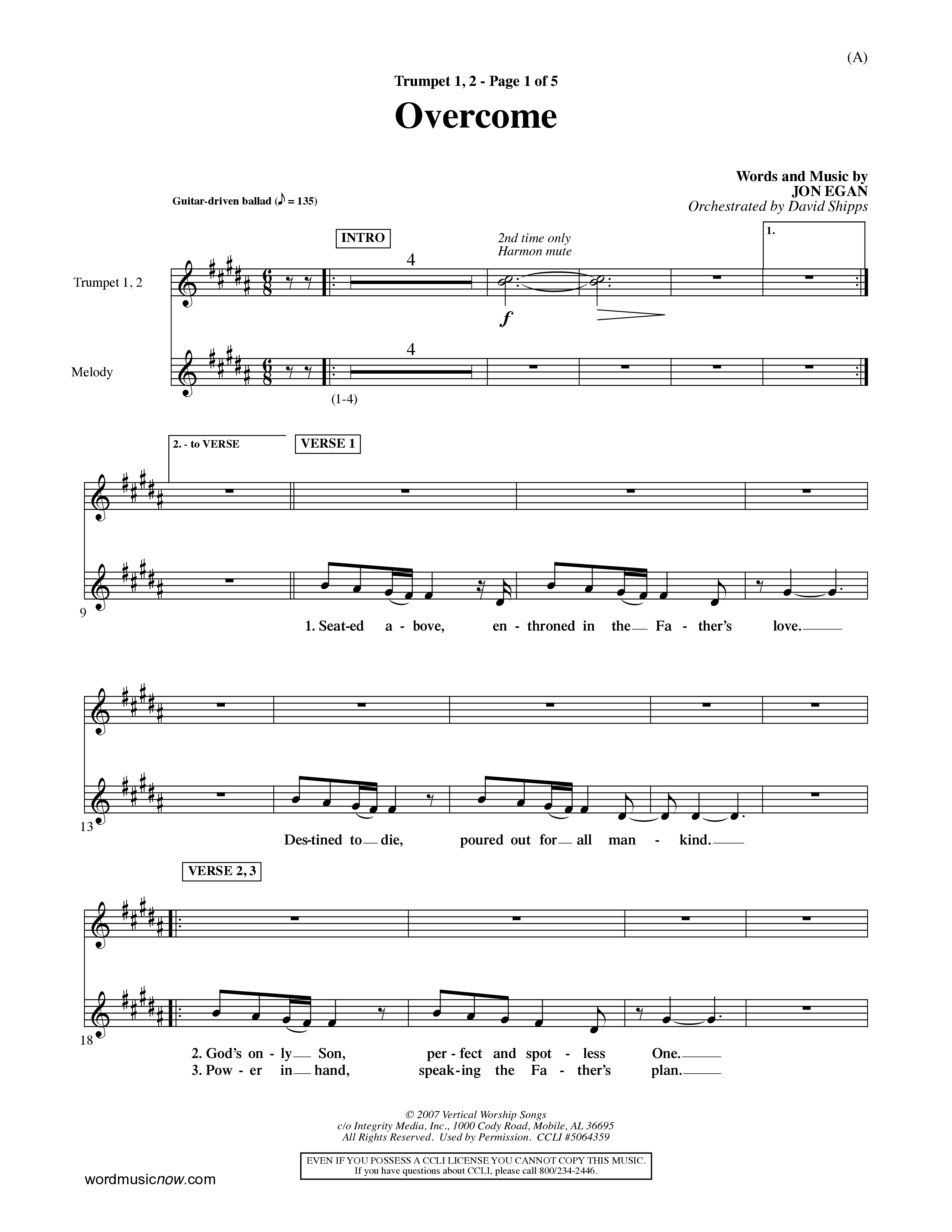 Overcome (Choral Anthem SATB) Trumpet 1,2 (Word Music Choral / Orch. David Shipps)