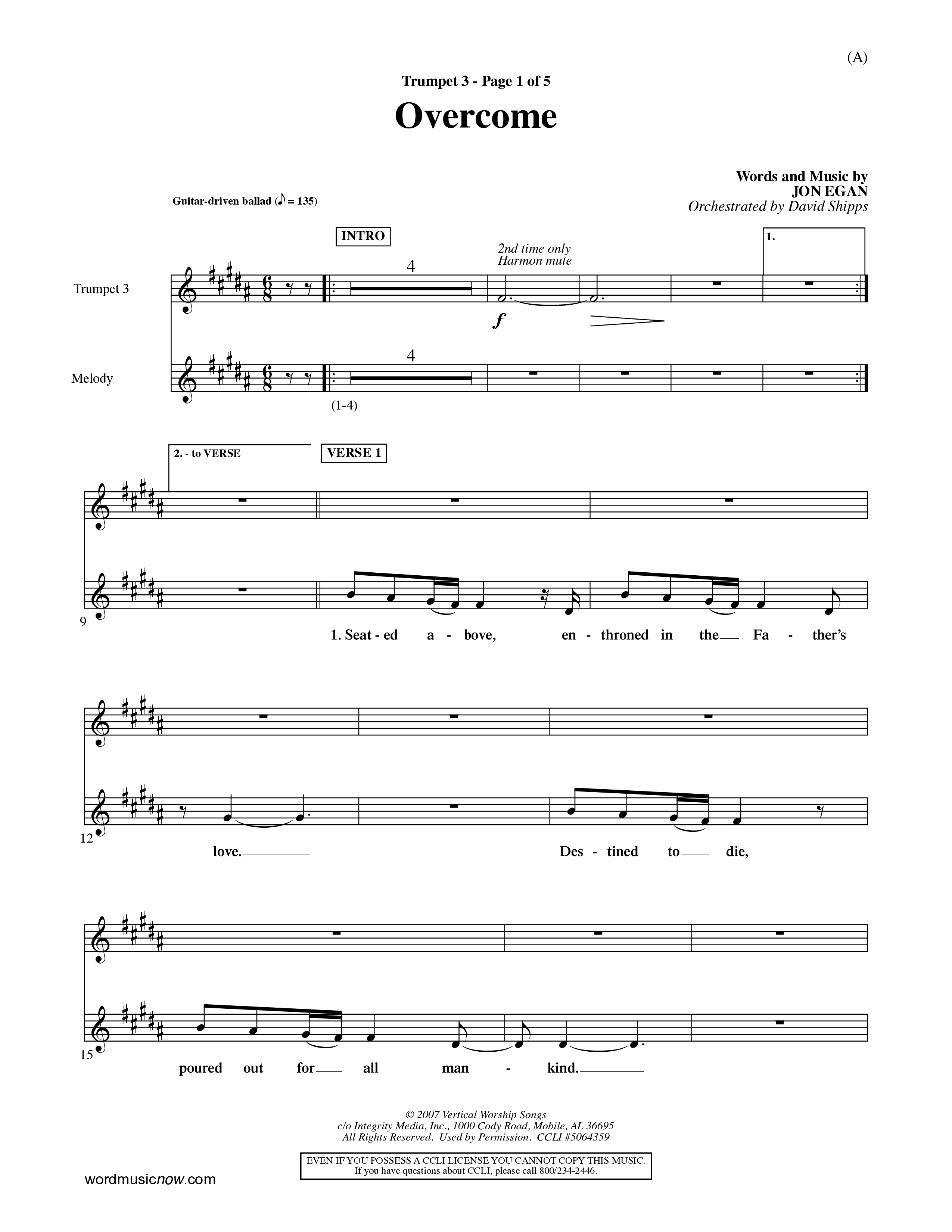 Overcome (Choral Anthem SATB) Trumpet 3 (Word Music Choral / Orch. David Shipps)