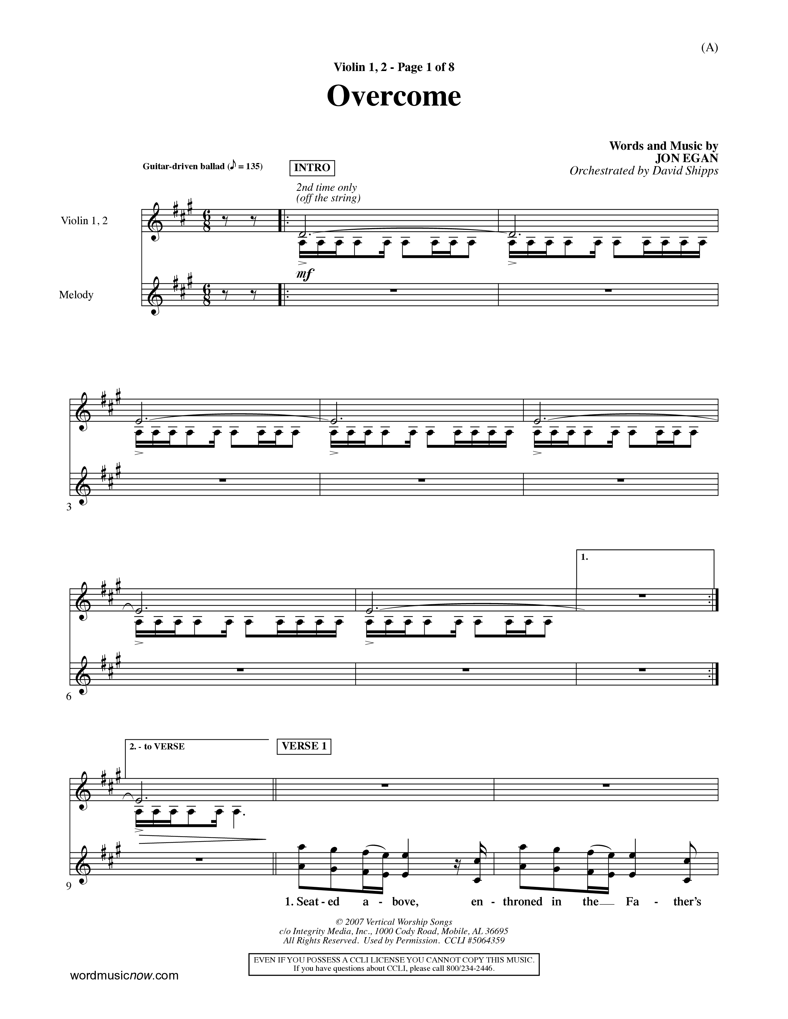 Overcome (Choral Anthem SATB) Violin 1/2 (Word Music Choral / Orch. David Shipps)