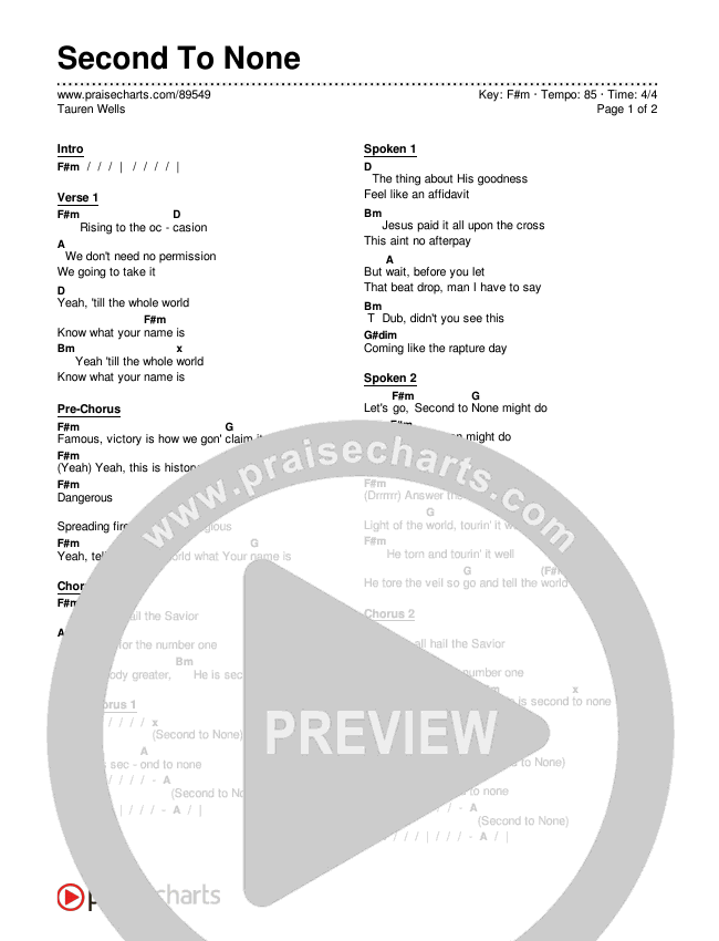 Second To None Chords & Lyrics (Tauren Wells)