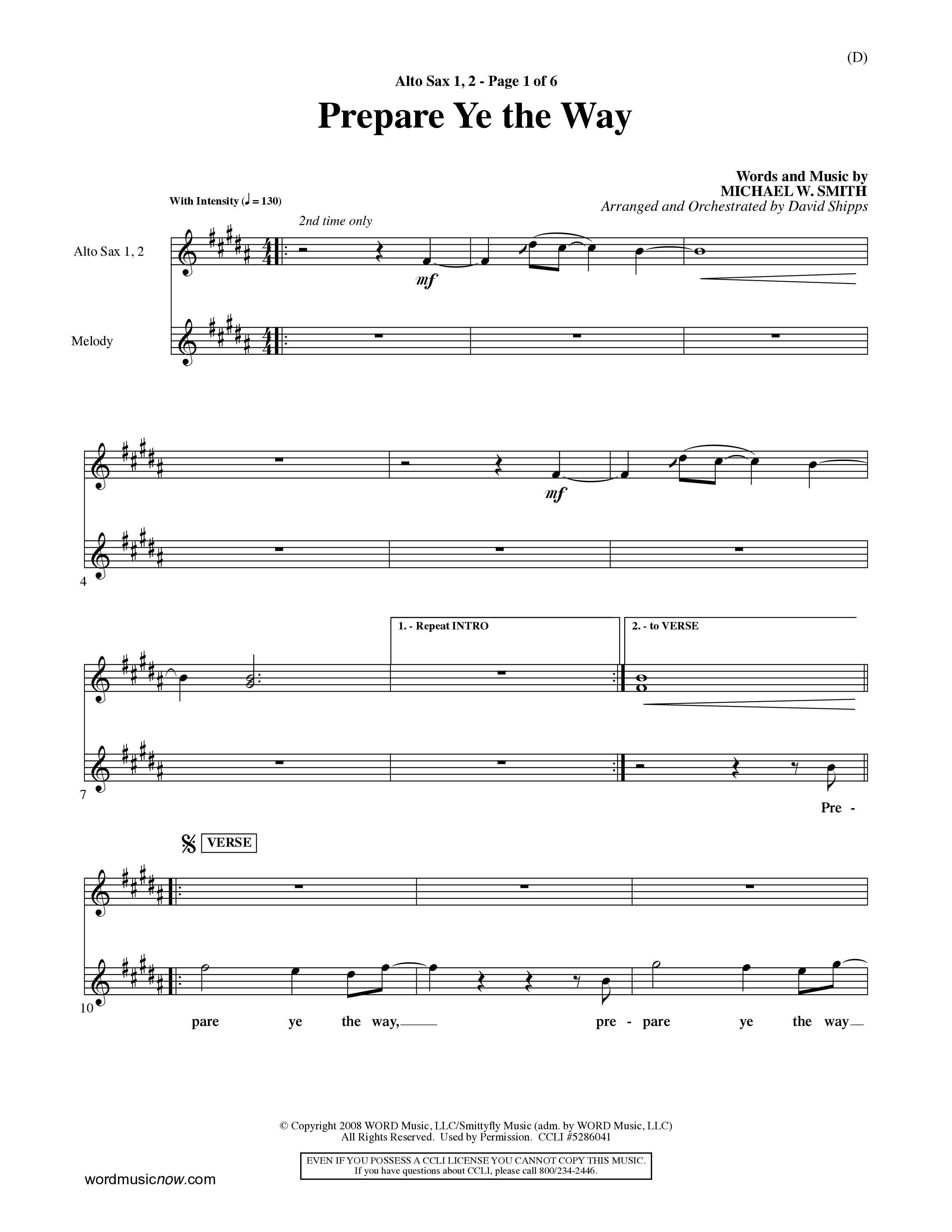Prepare Ye The Way (Choral Anthem SATB) Alto Sax 1/2 (Word Music Choral / Orch. David Shipps)