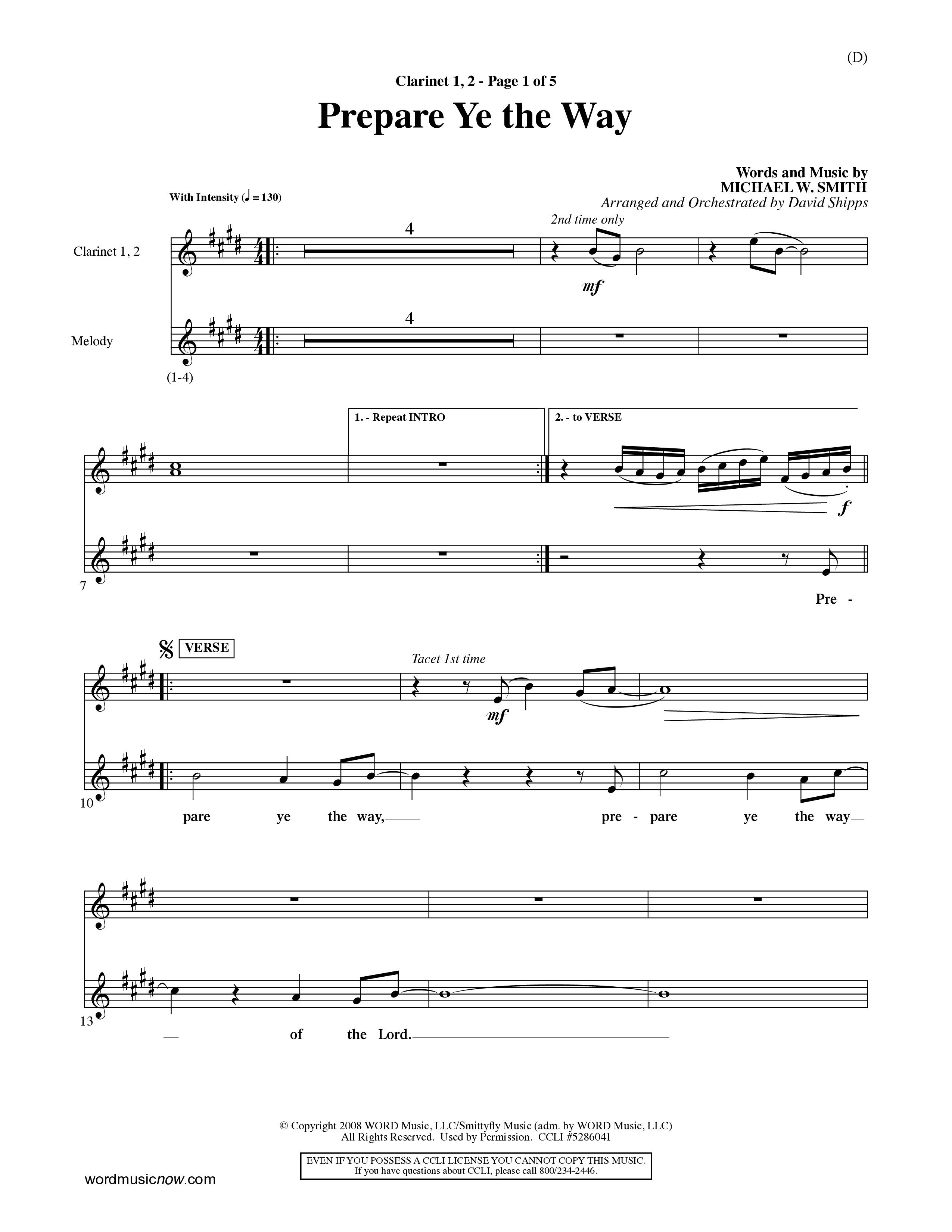 Prepare Ye The Way (Choral Anthem SATB) Clarinet 1/2 (Word Music Choral / Orch. David Shipps)