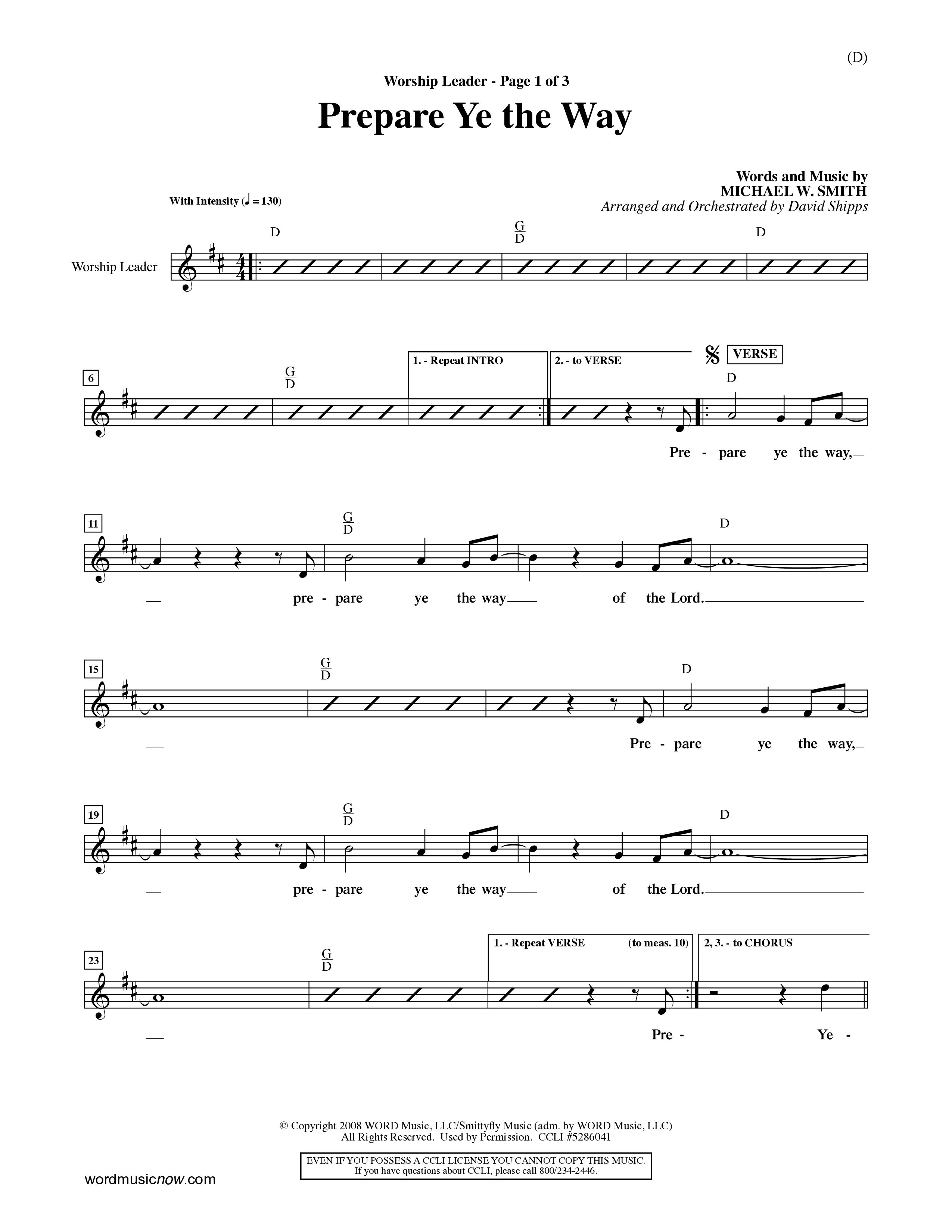 Prepare Ye The Way (Choral Anthem SATB) Lead Sheet (Mel) (Word Music Choral / Orch. David Shipps)