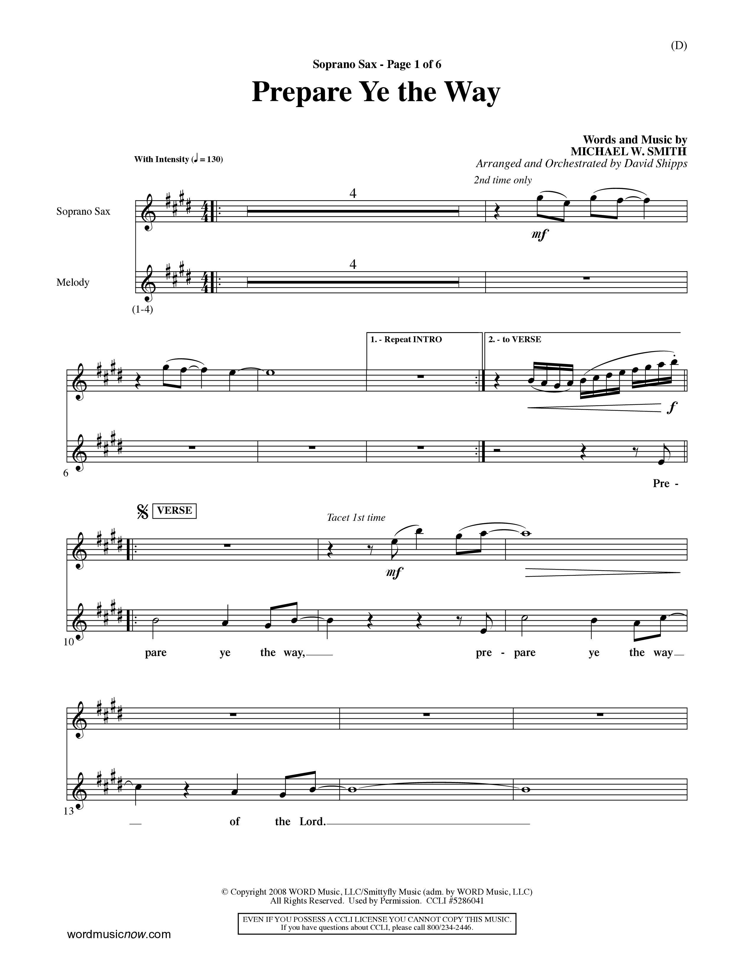 Prepare Ye The Way (Choral Anthem SATB) Saxophone (Word Music Choral / Orch. David Shipps)