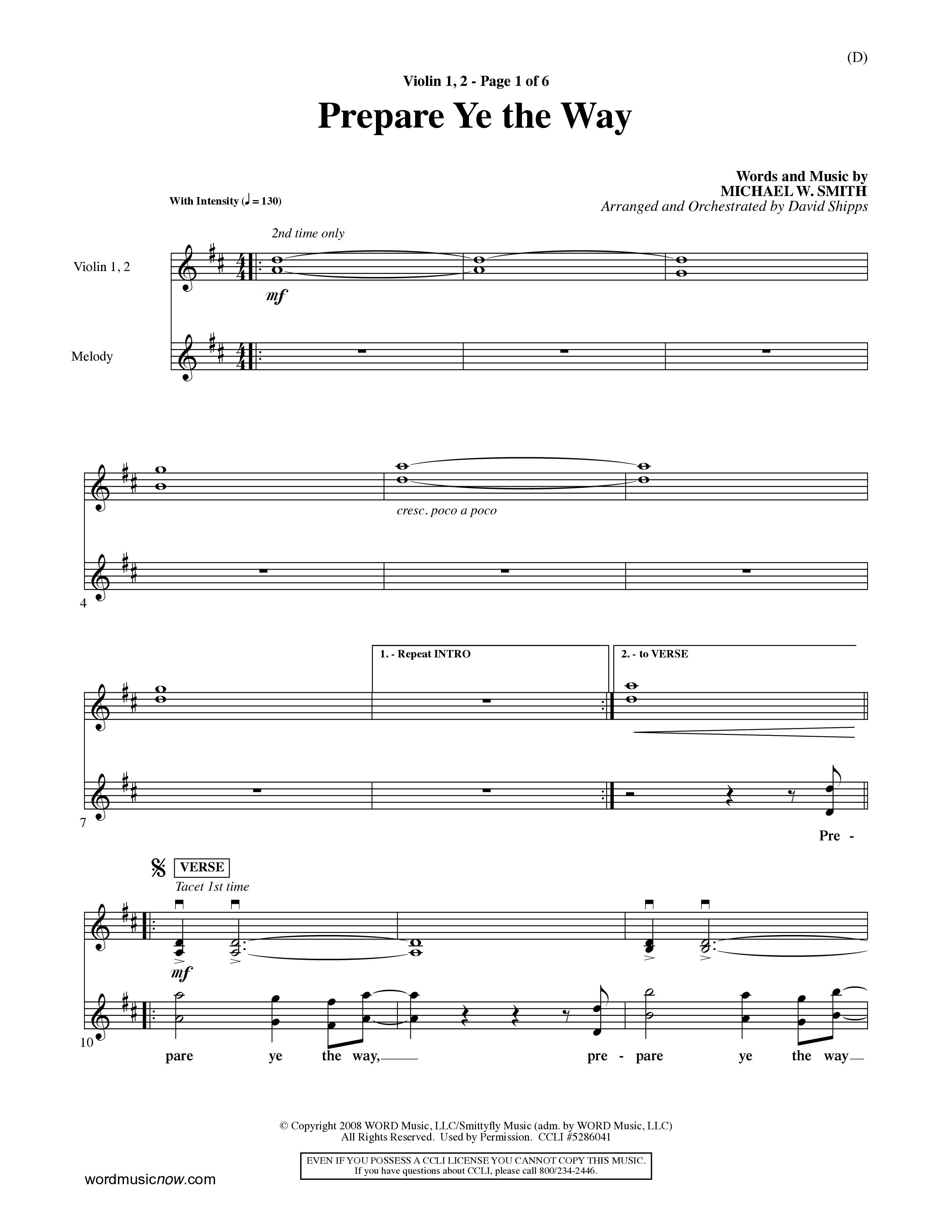 Prepare Ye The Way (Choral Anthem SATB) Violin 1/2 (Word Music Choral / Orch. David Shipps)
