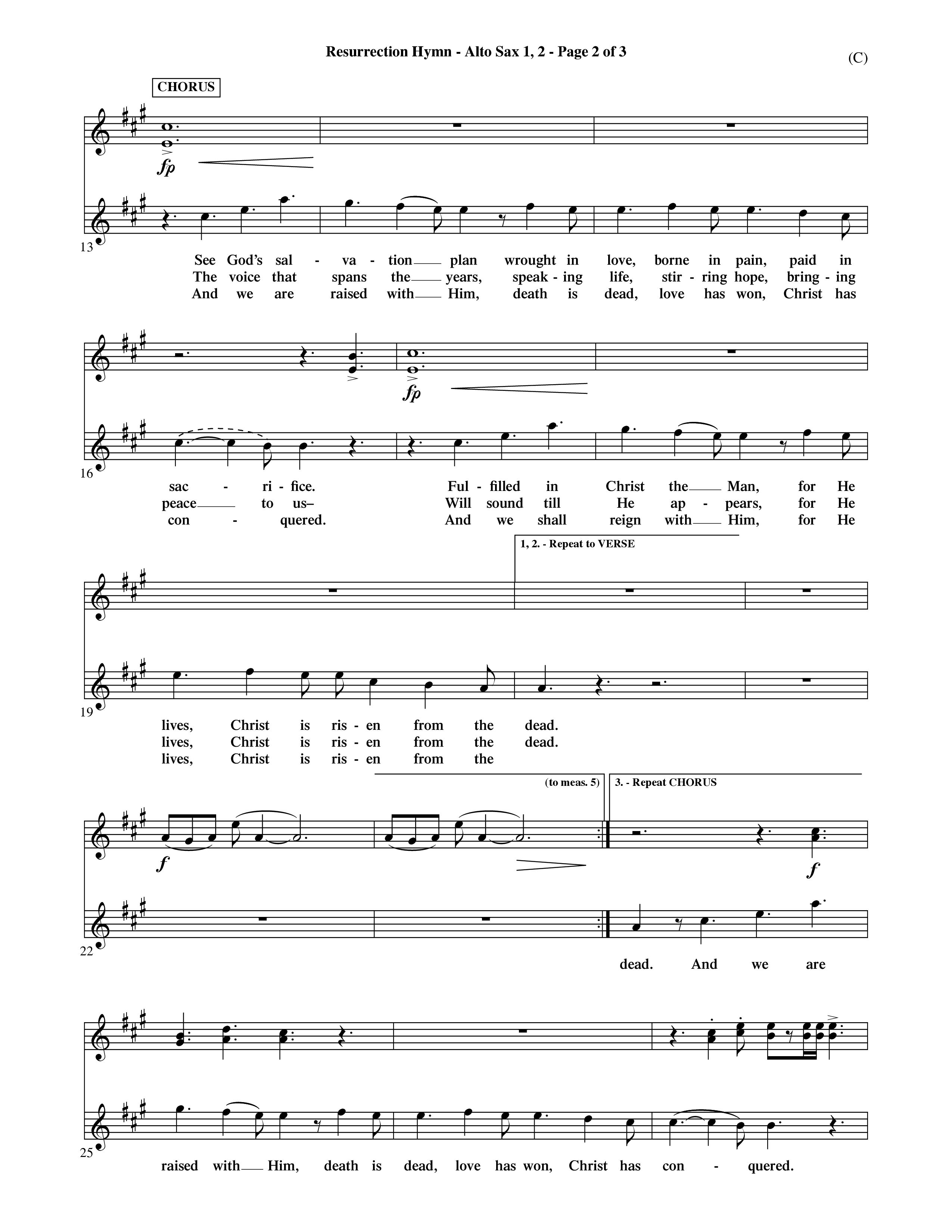 Resurrection Hymn (Choral Anthem SATB) Alto Sax 1/2 (Word Music Choral / Orch. David Shipps)