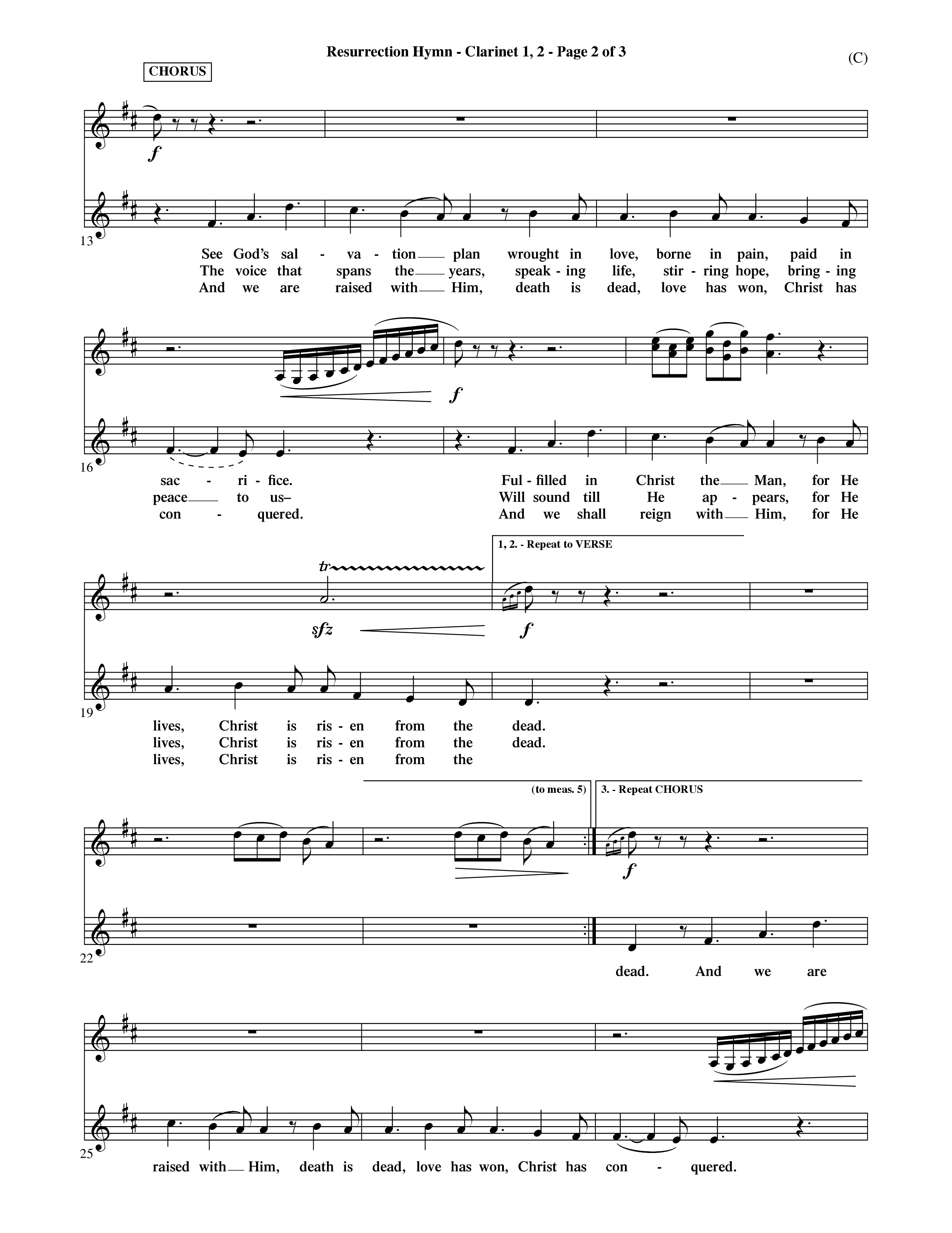 Resurrection Hymn (Choral Anthem SATB) Clarinet 1/2 (Word Music Choral / Orch. David Shipps)