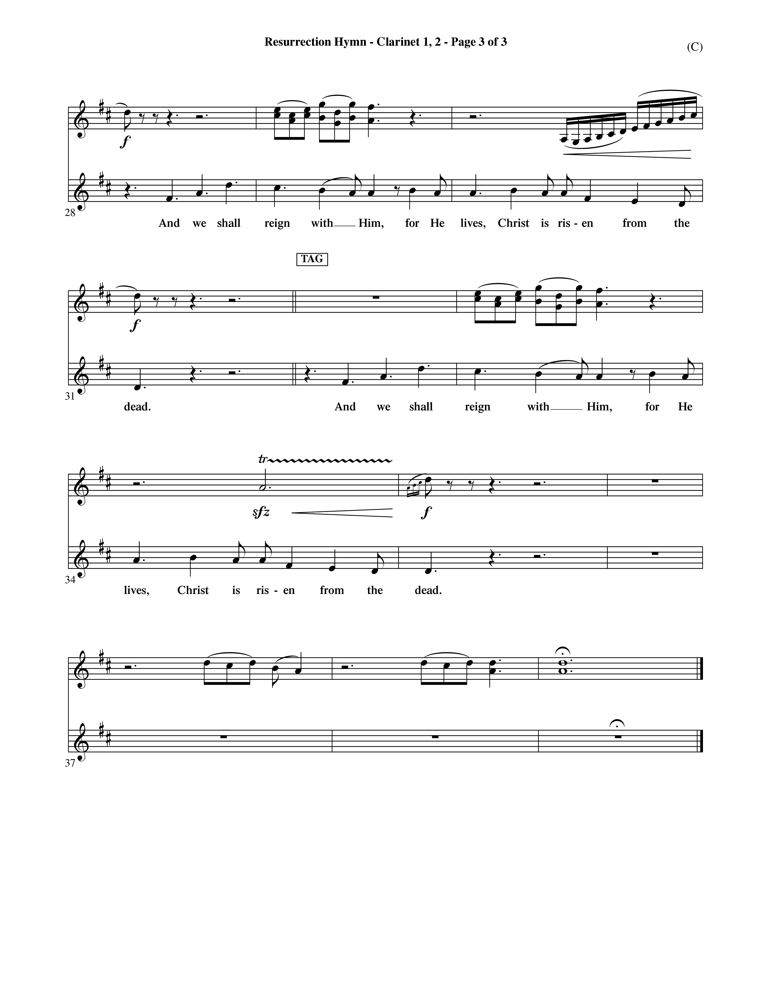 Resurrection Hymn (Choral Anthem SATB) Clarinet 1/2 (Word Music Choral / Orch. David Shipps)