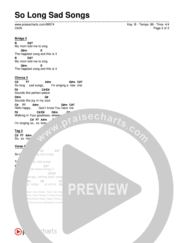 So Long Sad Songs Chords & Lyrics (CAIN)